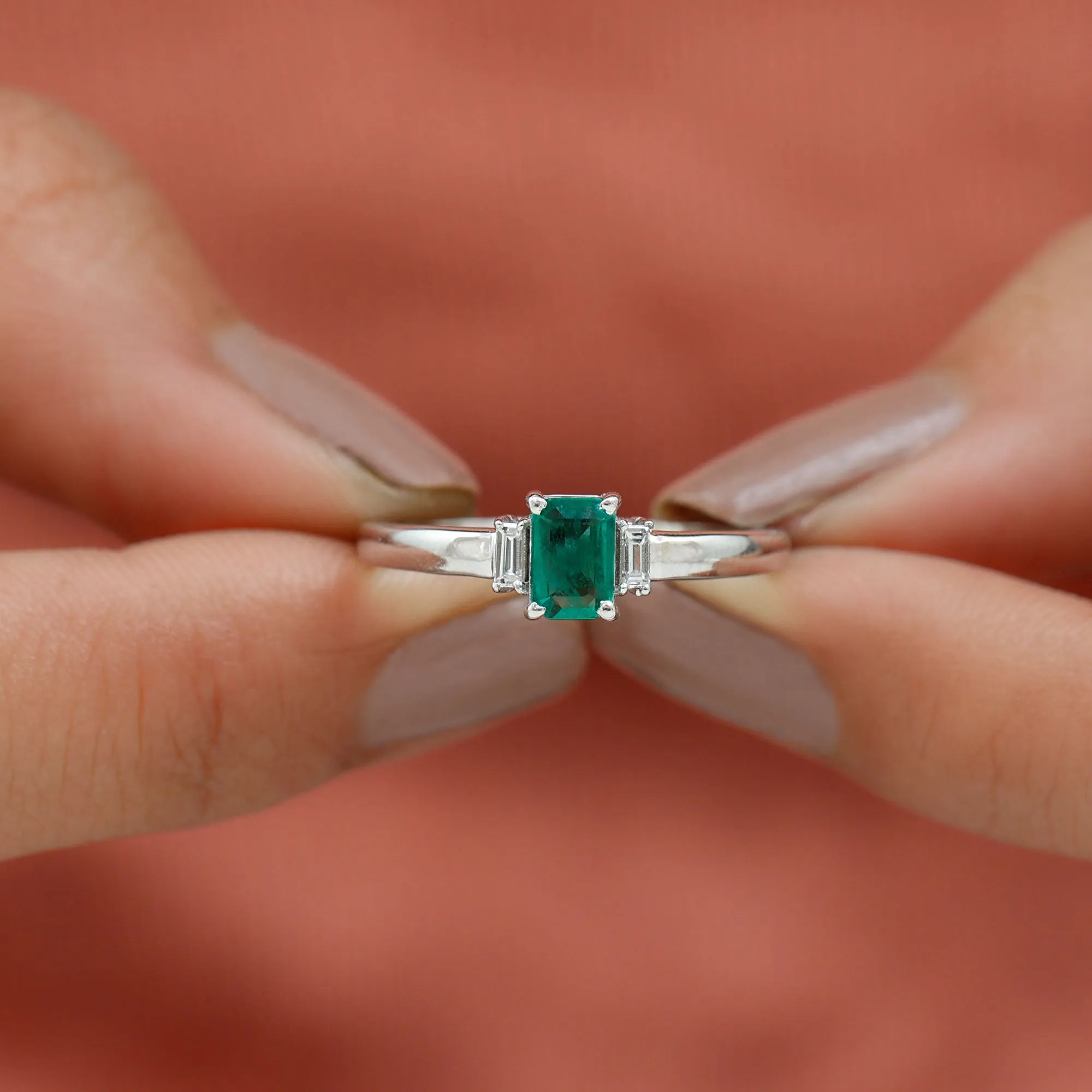 1 CT Octagon shape Emerald and Diamond Three Stone Promise Ring