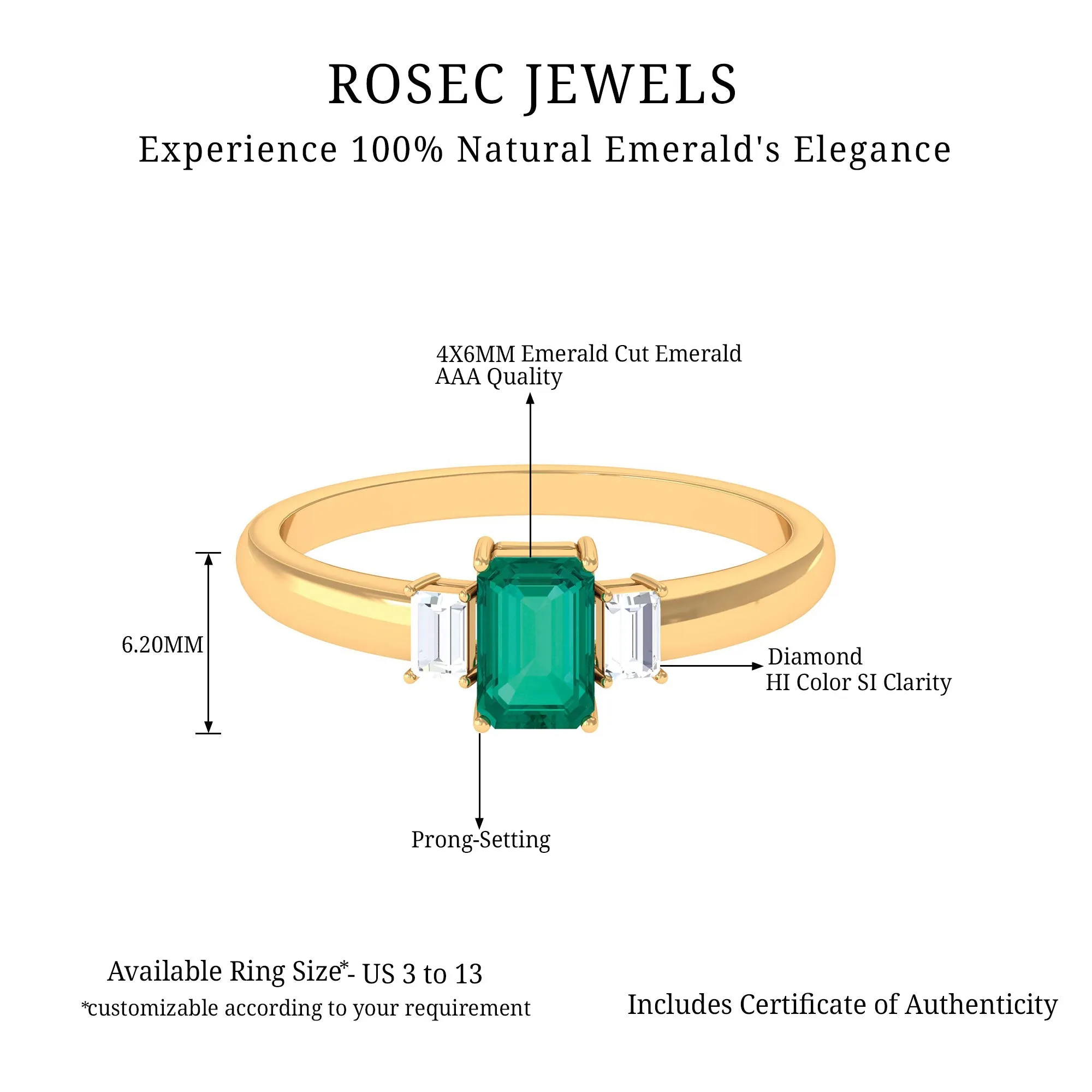 1 CT Octagon shape Emerald and Diamond Three Stone Promise Ring