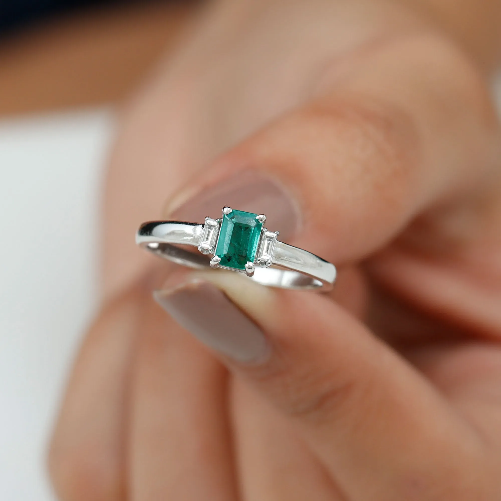 1 CT Octagon shape Emerald and Diamond Three Stone Promise Ring