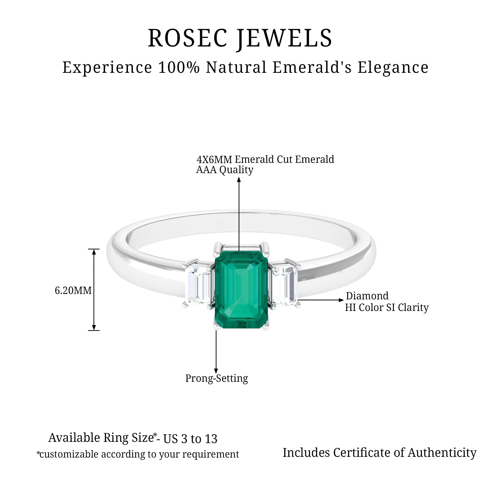 1 CT Octagon shape Emerald and Diamond Three Stone Promise Ring