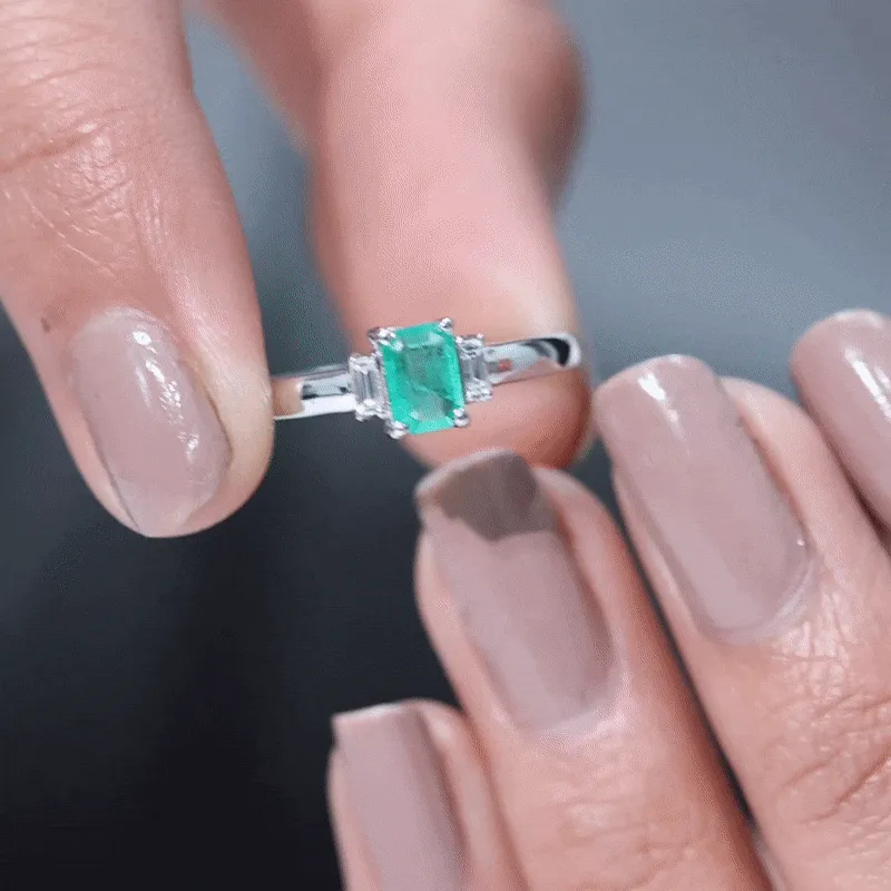 1 CT Octagon shape Emerald and Diamond Three Stone Promise Ring