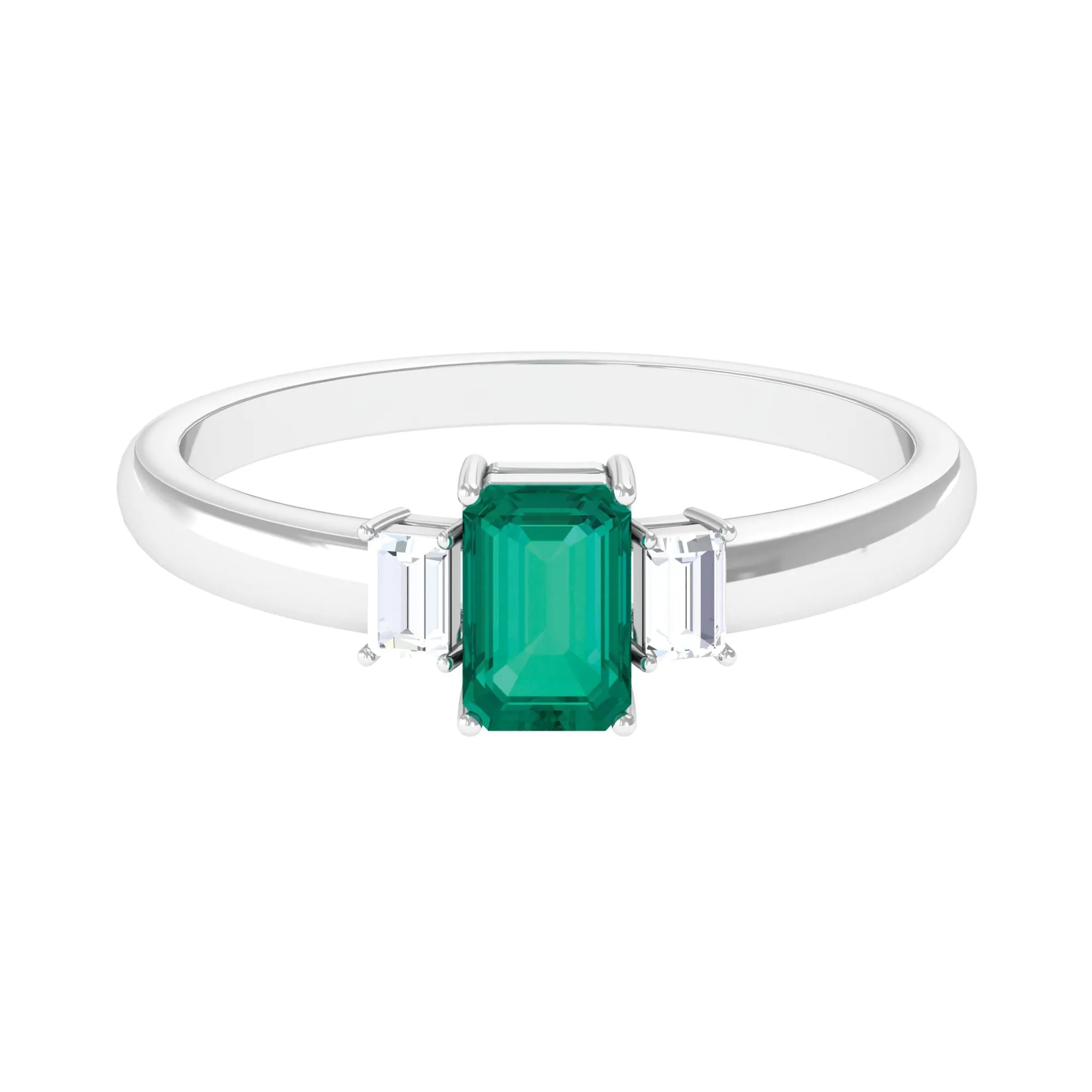 1 CT Octagon shape Emerald and Diamond Three Stone Promise Ring