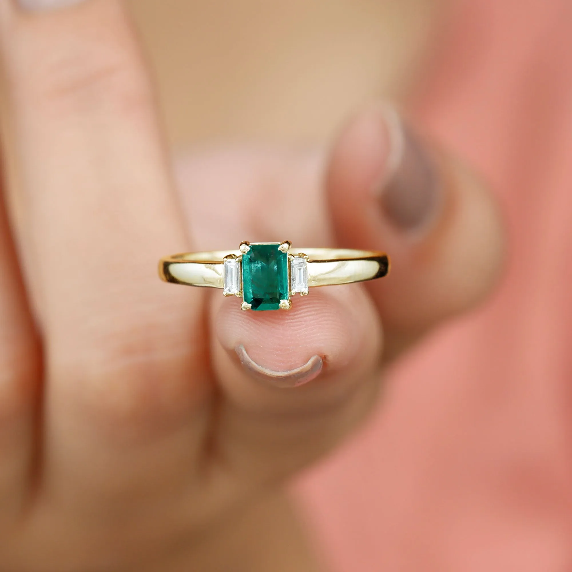 1 CT Octagon shape Emerald and Diamond Three Stone Promise Ring