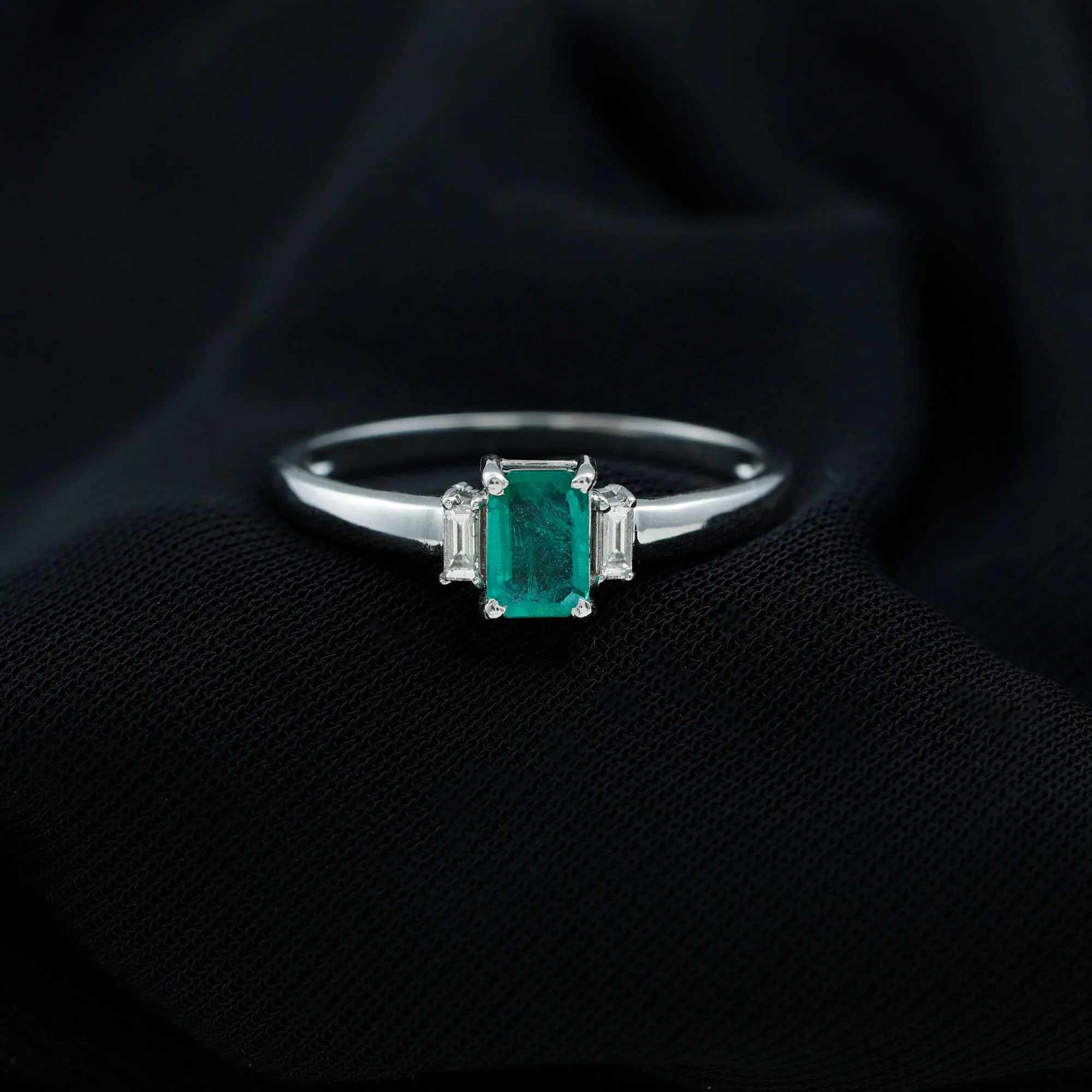 1 CT Octagon shape Emerald and Diamond Three Stone Promise Ring