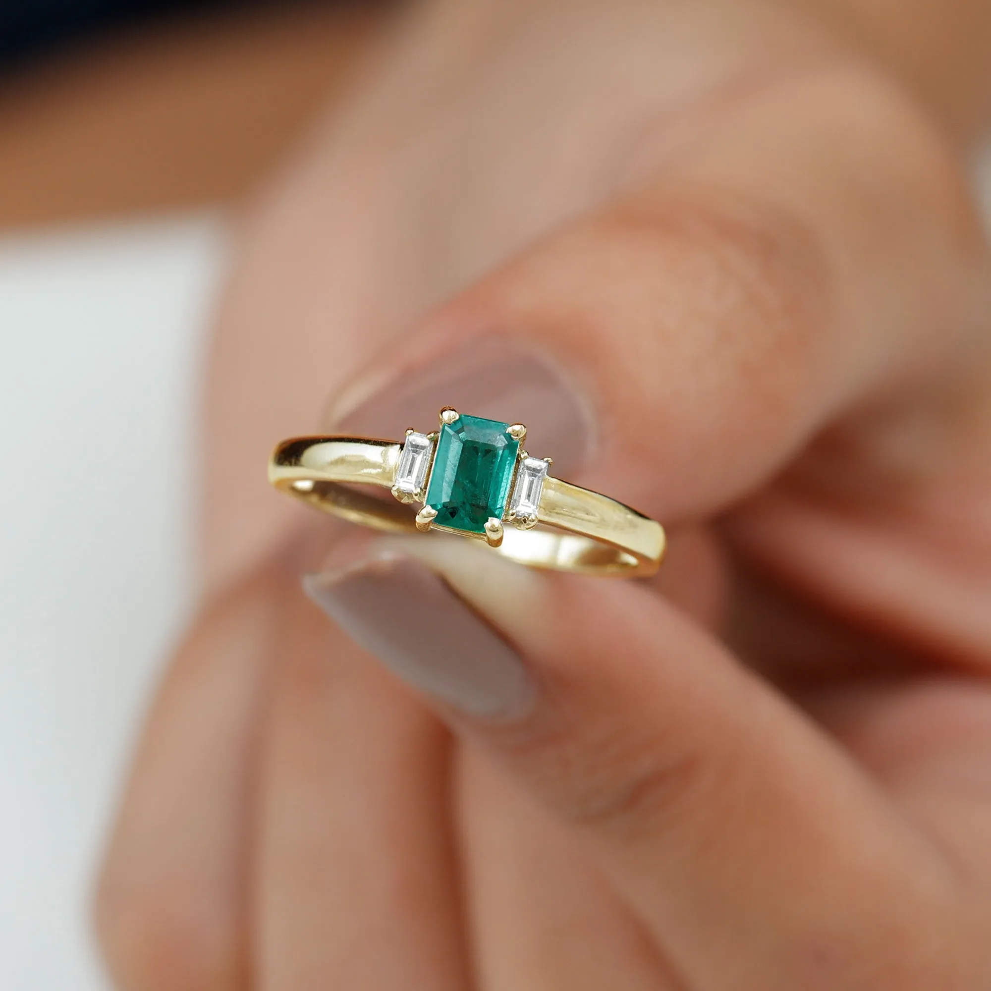 1 CT Octagon shape Emerald and Diamond Three Stone Promise Ring
