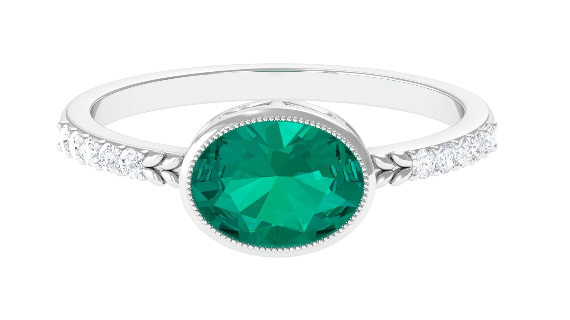 1 CT Oval Cut Emerald East West Engagement Ring with Diamond