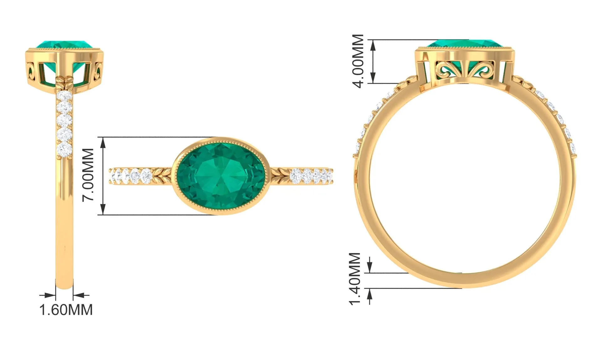 1 CT Oval Cut Emerald East West Engagement Ring with Diamond