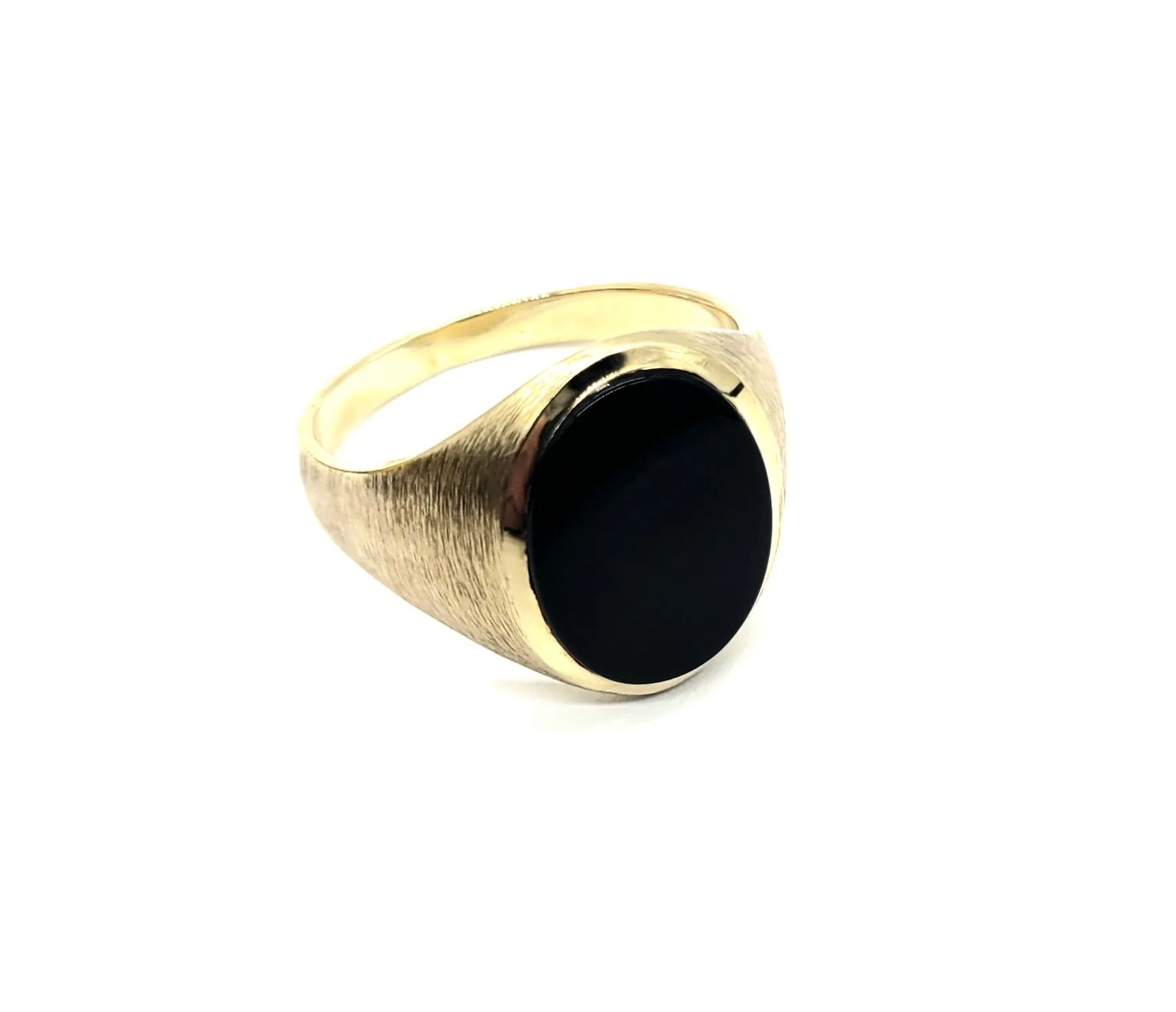 10k Yellow Gold Black Onyx Oval Bezel Florintine Finish Ring
