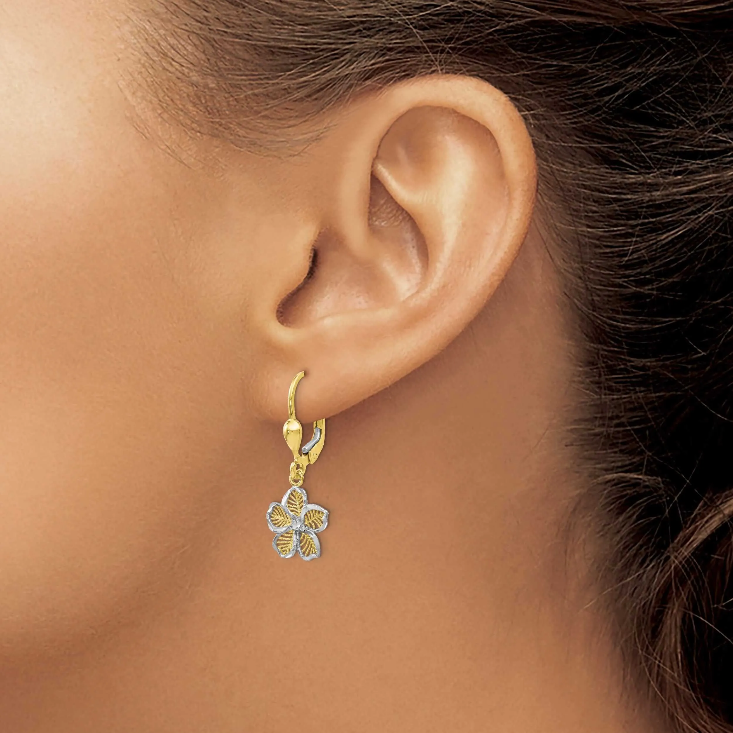 10k Yellow Gold Filigree Flower Leverback Dangle Earring
