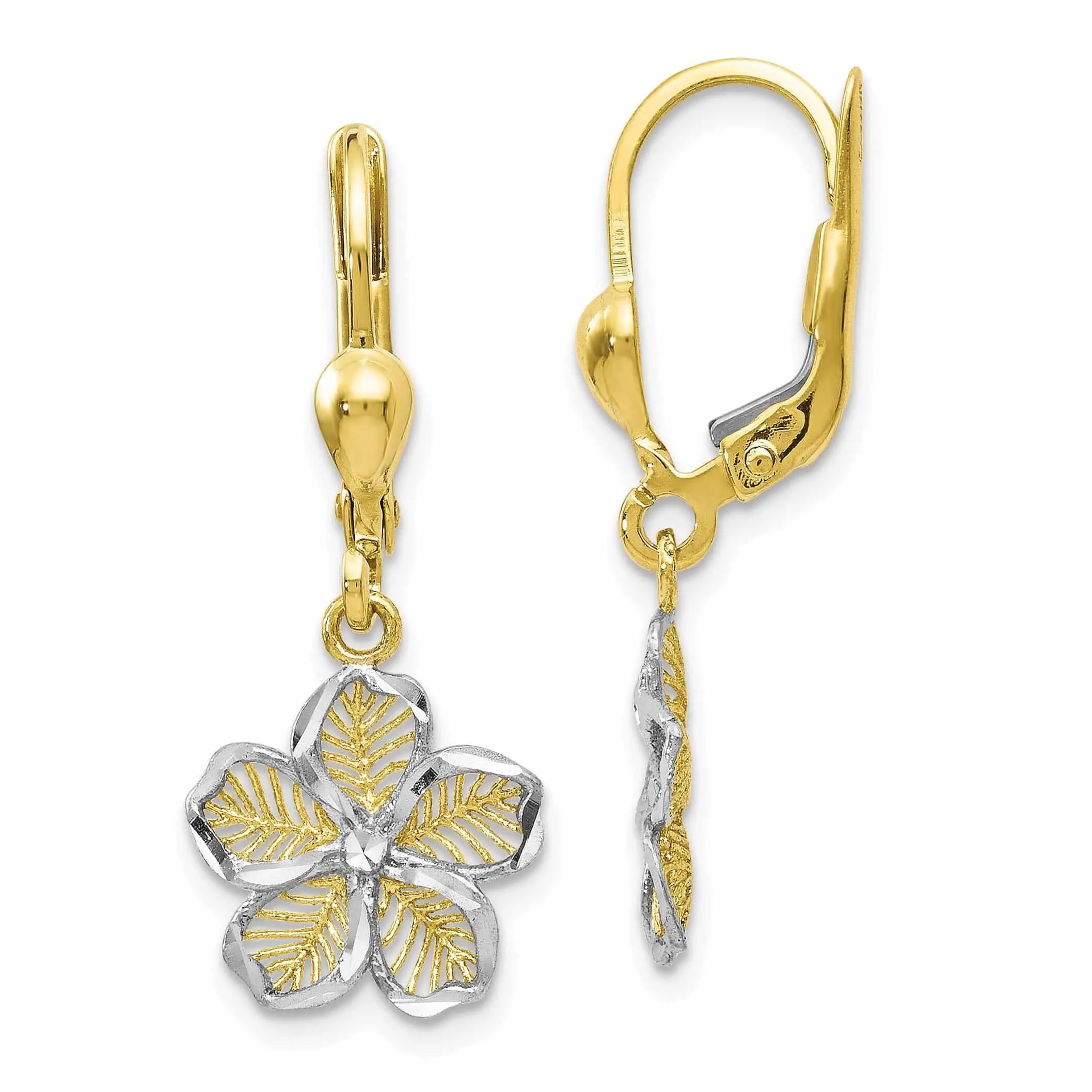 10k Yellow Gold Filigree Flower Leverback Dangle Earring