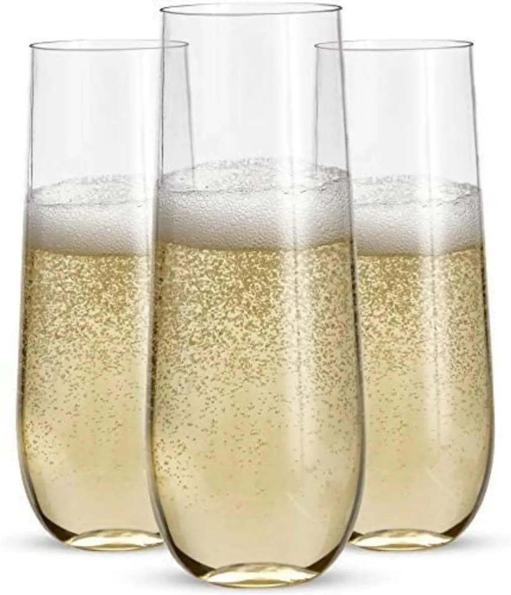12pk Stemless Plastic Champagne Flutes - 9 Oz, Clear Plastic Wine Glasses