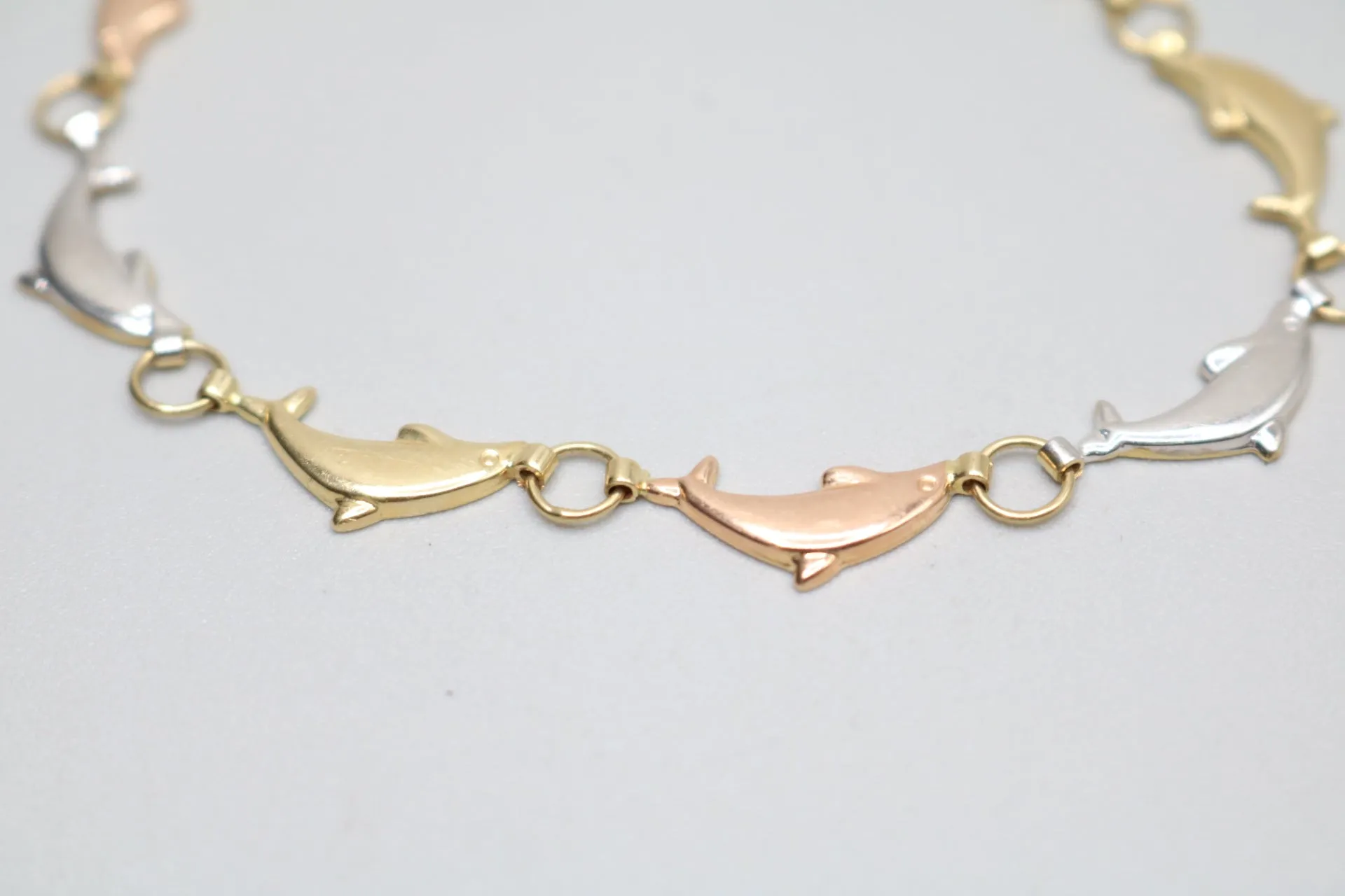 14K Three-Tone Dolphin Bracelet (Length 8 Inches)