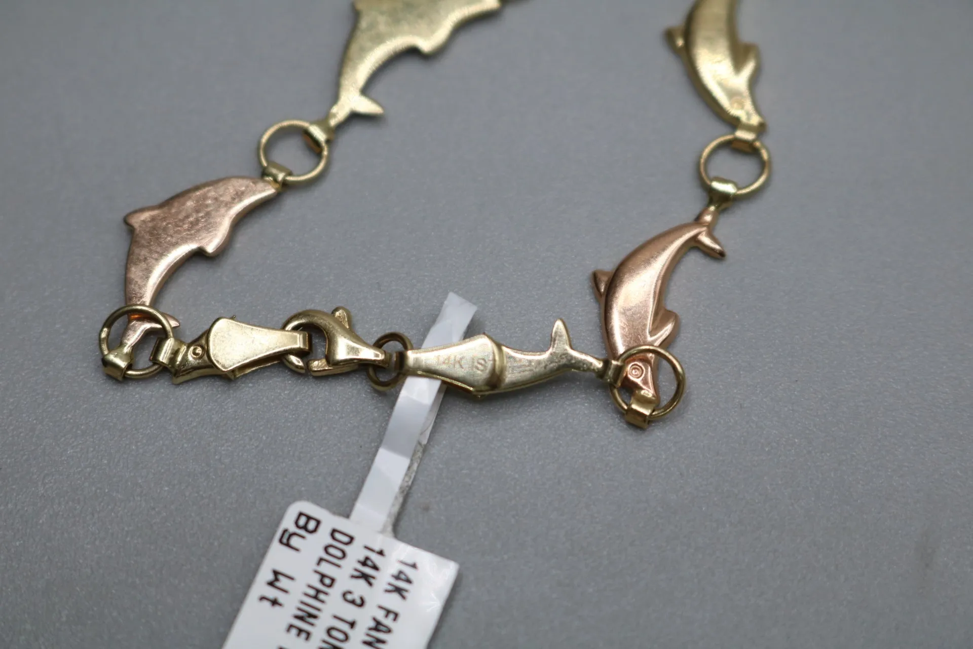 14K Three-Tone Dolphin Bracelet (Length 8 Inches)