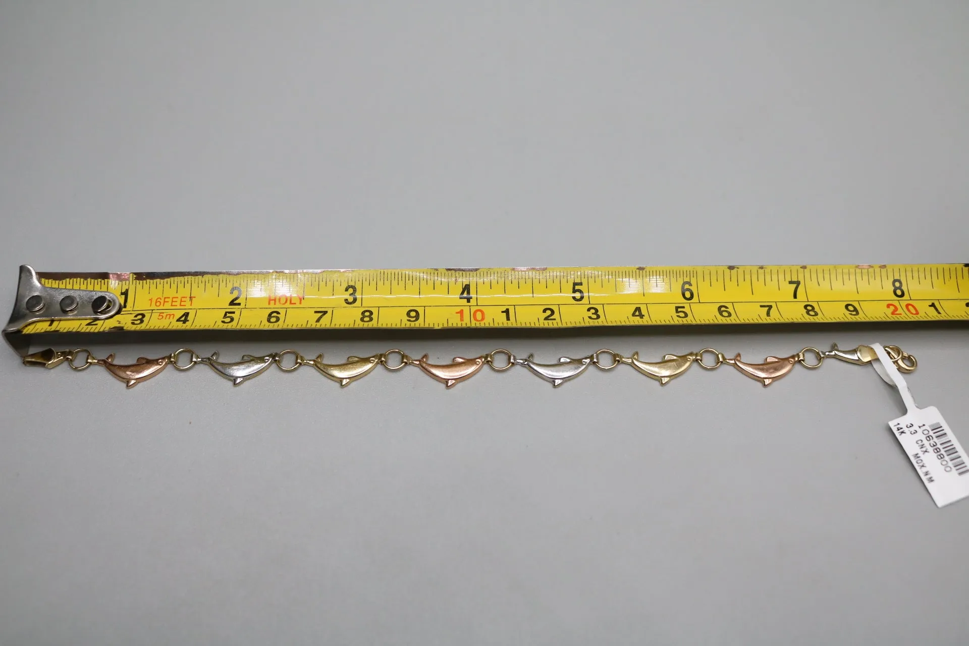 14K Three-Tone Dolphin Bracelet (Length 8 Inches)