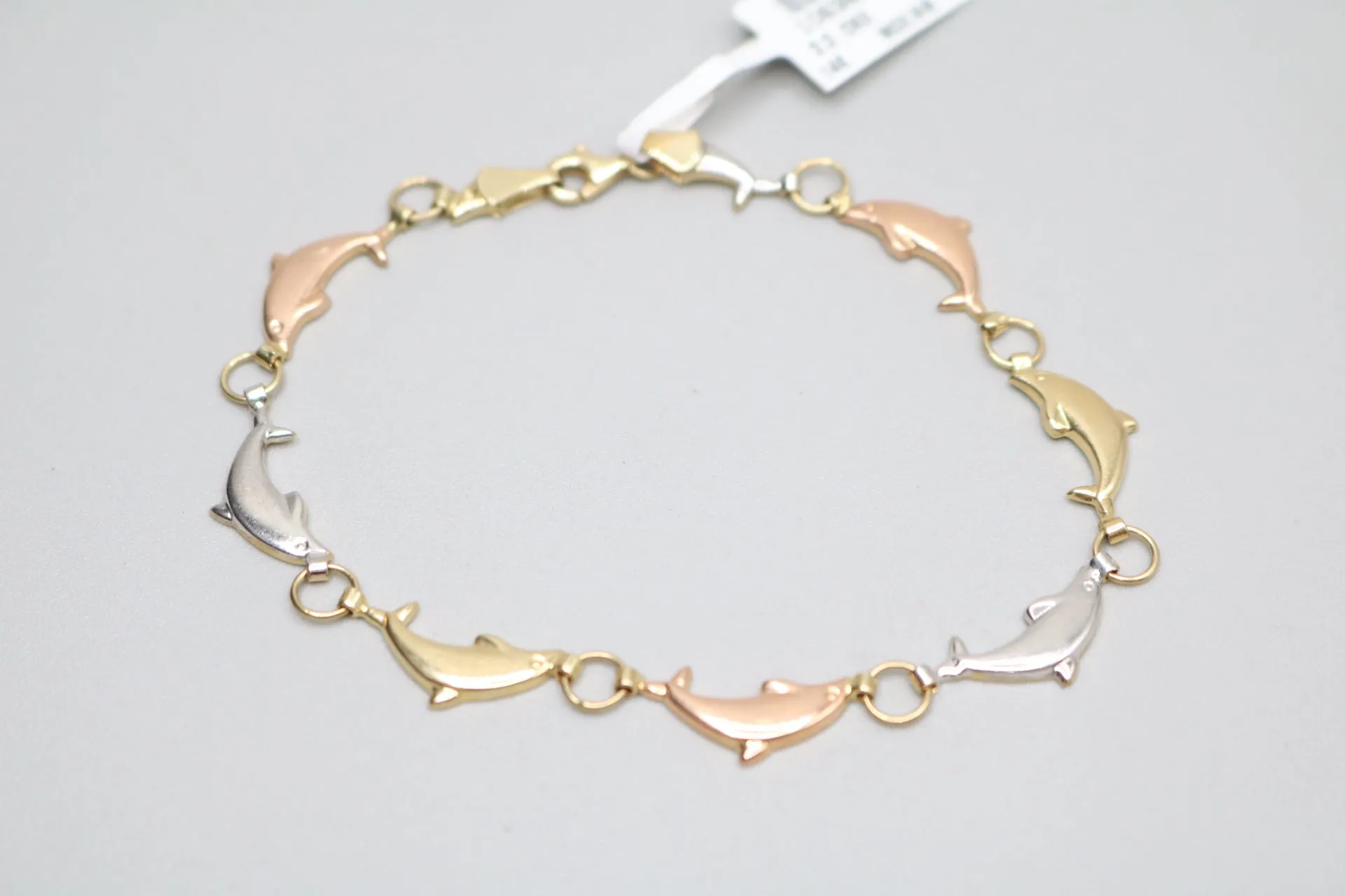 14K Three-Tone Dolphin Bracelet (Length 8 Inches)