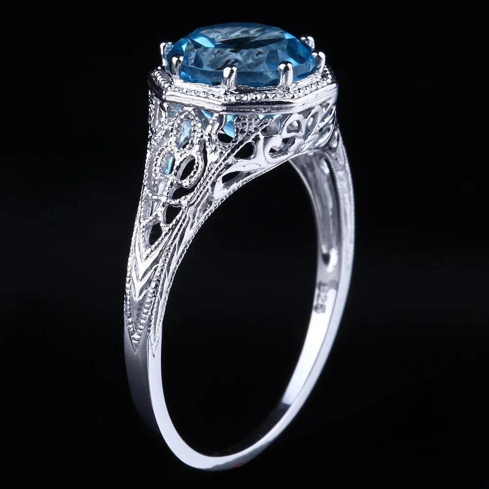 14K White Gold Engagement Wedding Ring For Women Vintage Fine Jewelry, Gift with Flawless Round 8mm Genuine Blue Topaz Ring.