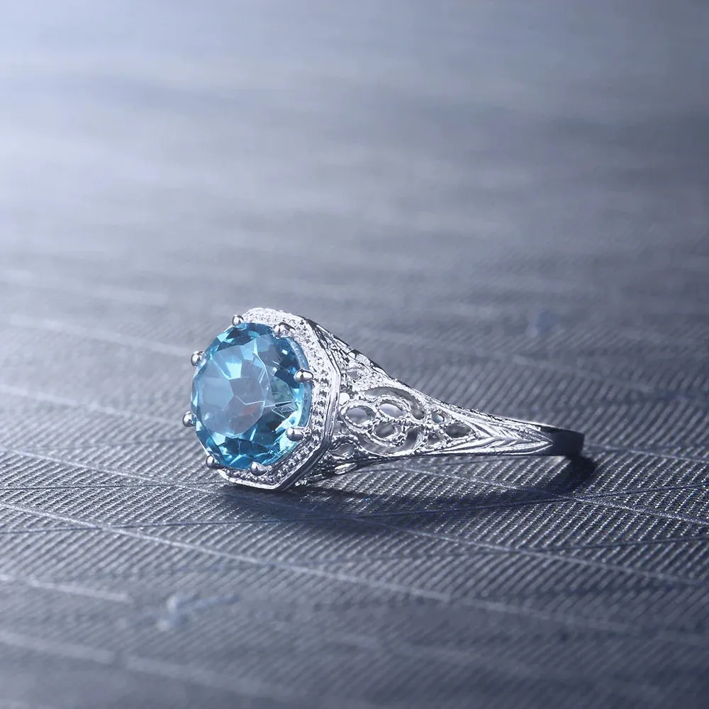 14K White Gold Engagement Wedding Ring For Women Vintage Fine Jewelry, Gift with Flawless Round 8mm Genuine Blue Topaz Ring.