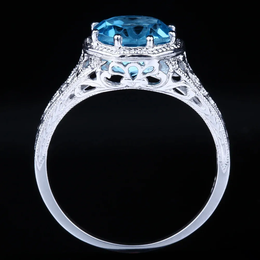 14K White Gold Engagement Wedding Ring For Women Vintage Fine Jewelry, Gift with Flawless Round 8mm Genuine Blue Topaz Ring.