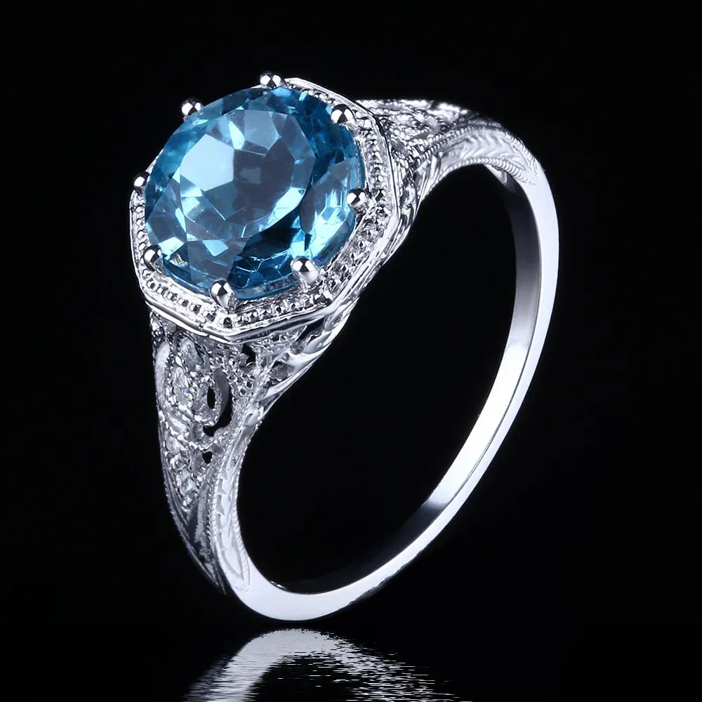 14K White Gold Engagement Wedding Ring For Women Vintage Fine Jewelry, Gift with Flawless Round 8mm Genuine Blue Topaz Ring.