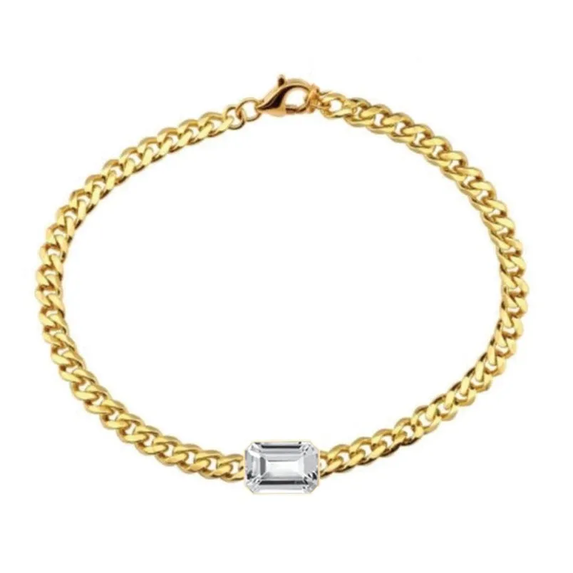 14K Yellow Gold Bezel Emerald Cut White Topaz Cuban Chain Bracelet