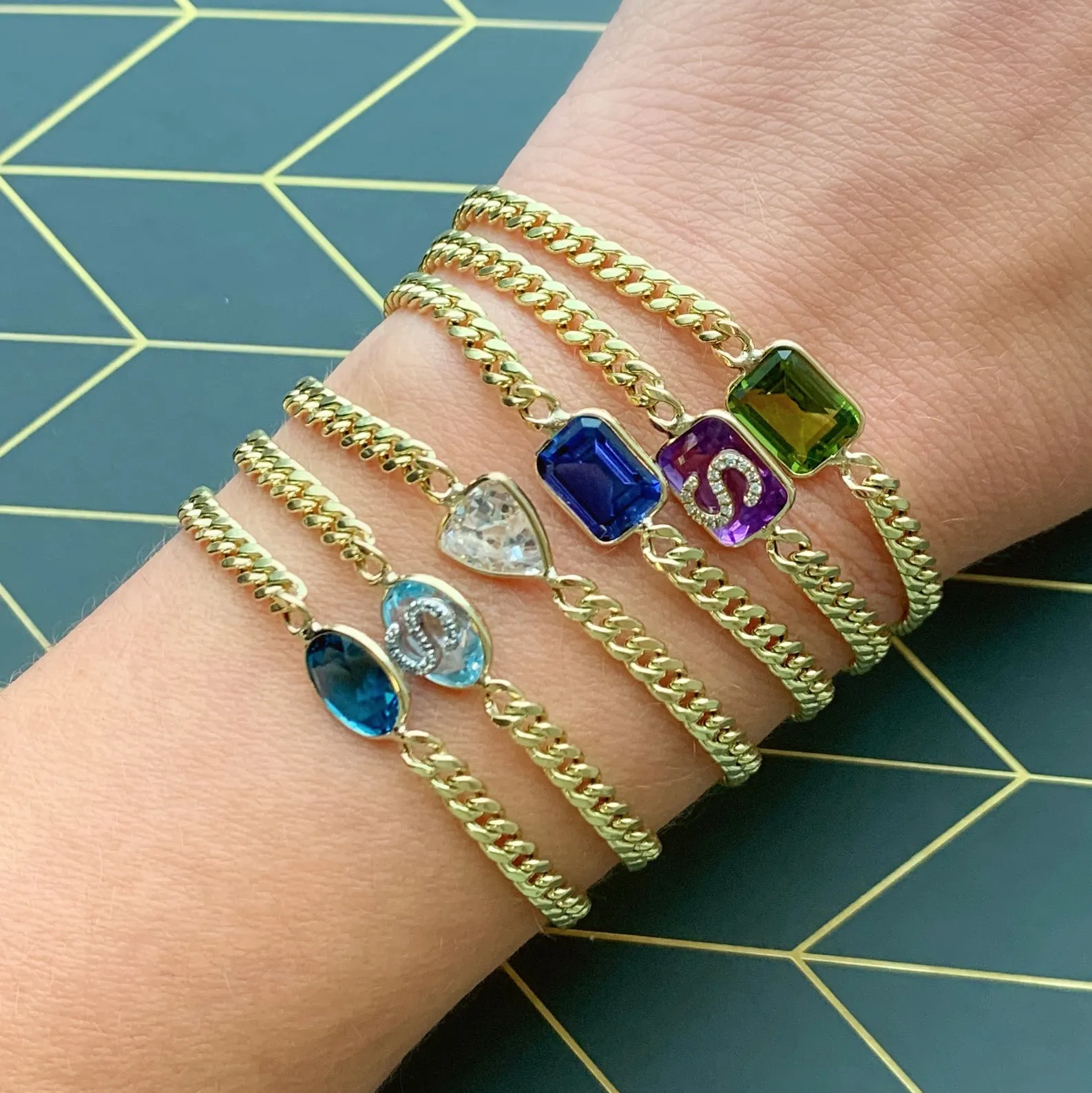 14K Yellow Gold Bezel Emerald Cut White Topaz Cuban Chain Bracelet