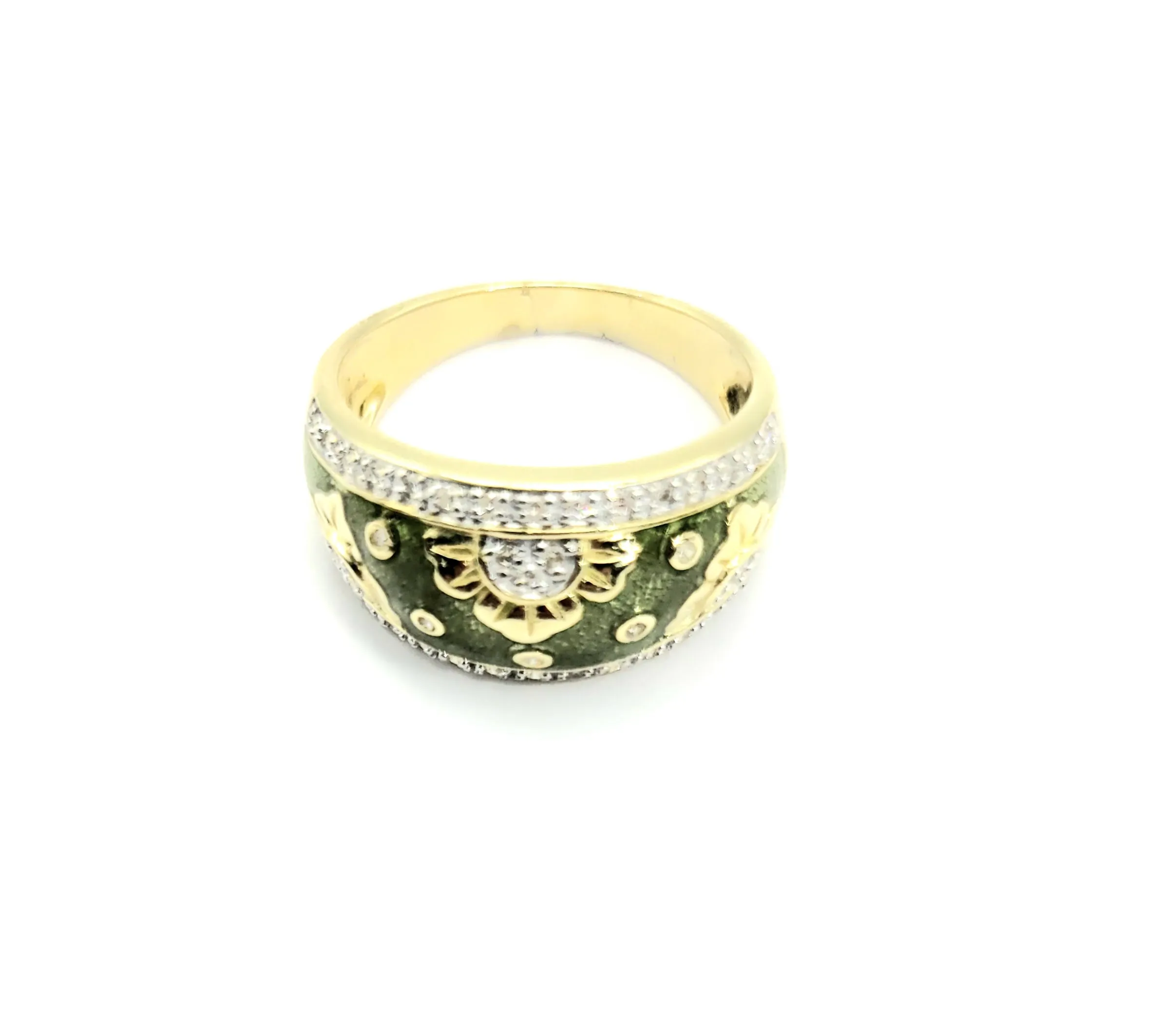 14k Yellow Gold DCPs Green Enamel 2 Row Flower Ring