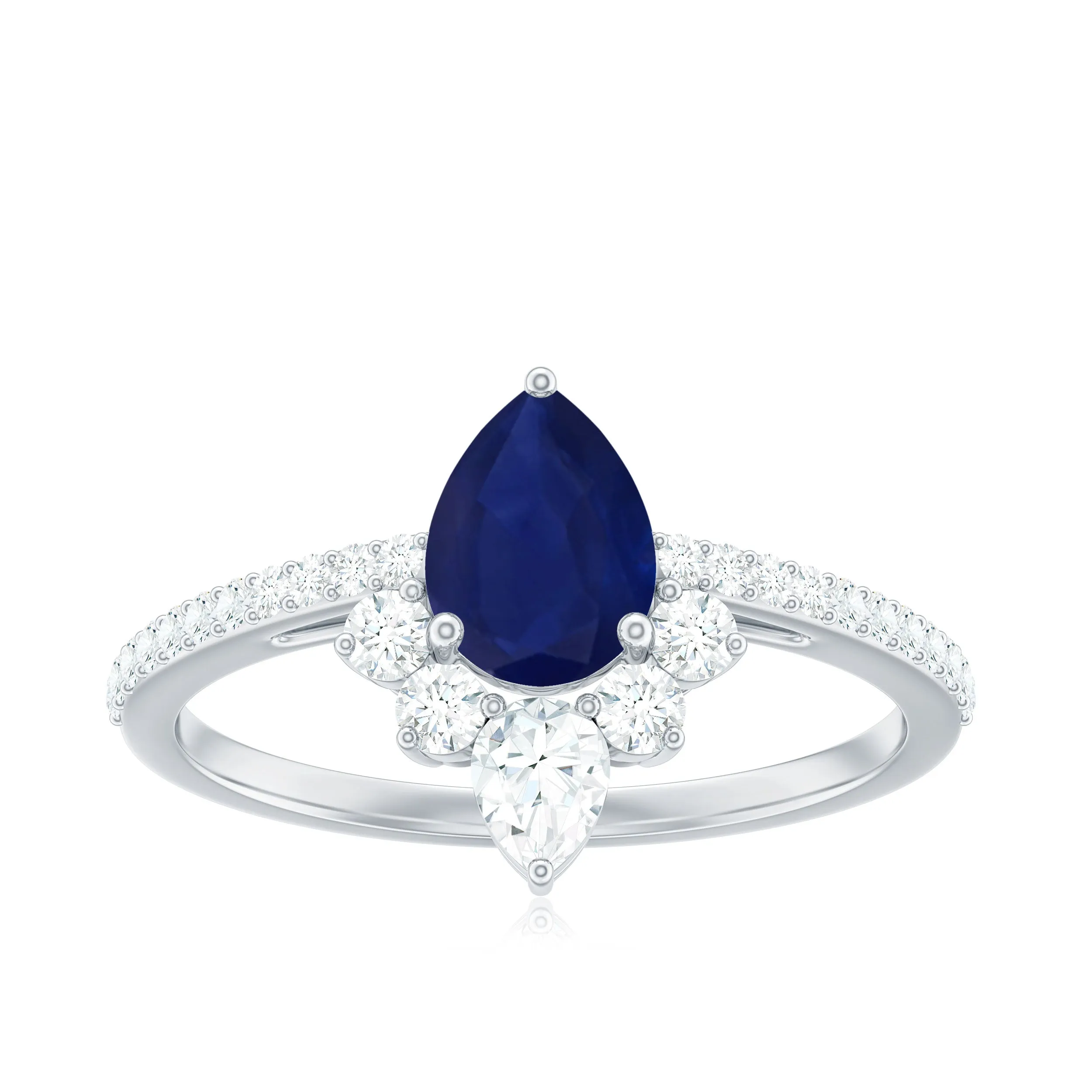 1.5 CT Pear Cut Blue Sapphire Crown Solitaire Ring with Diamond