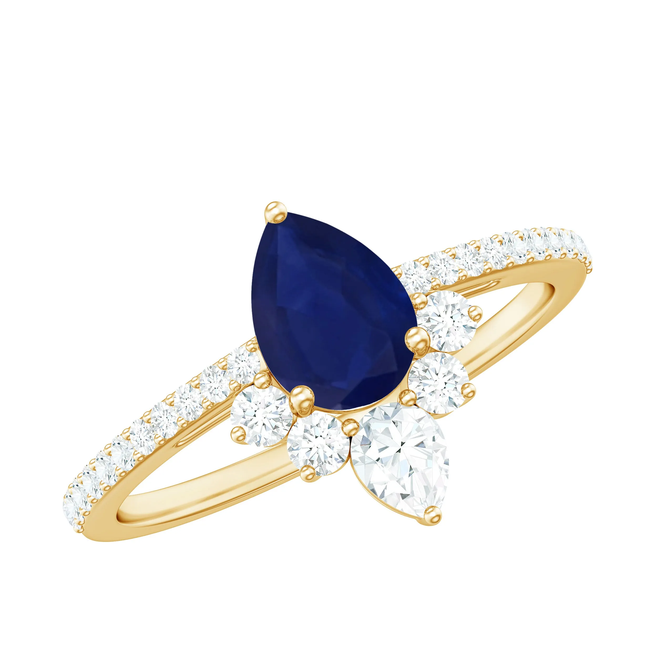 1.5 CT Pear Cut Blue Sapphire Crown Solitaire Ring with Diamond