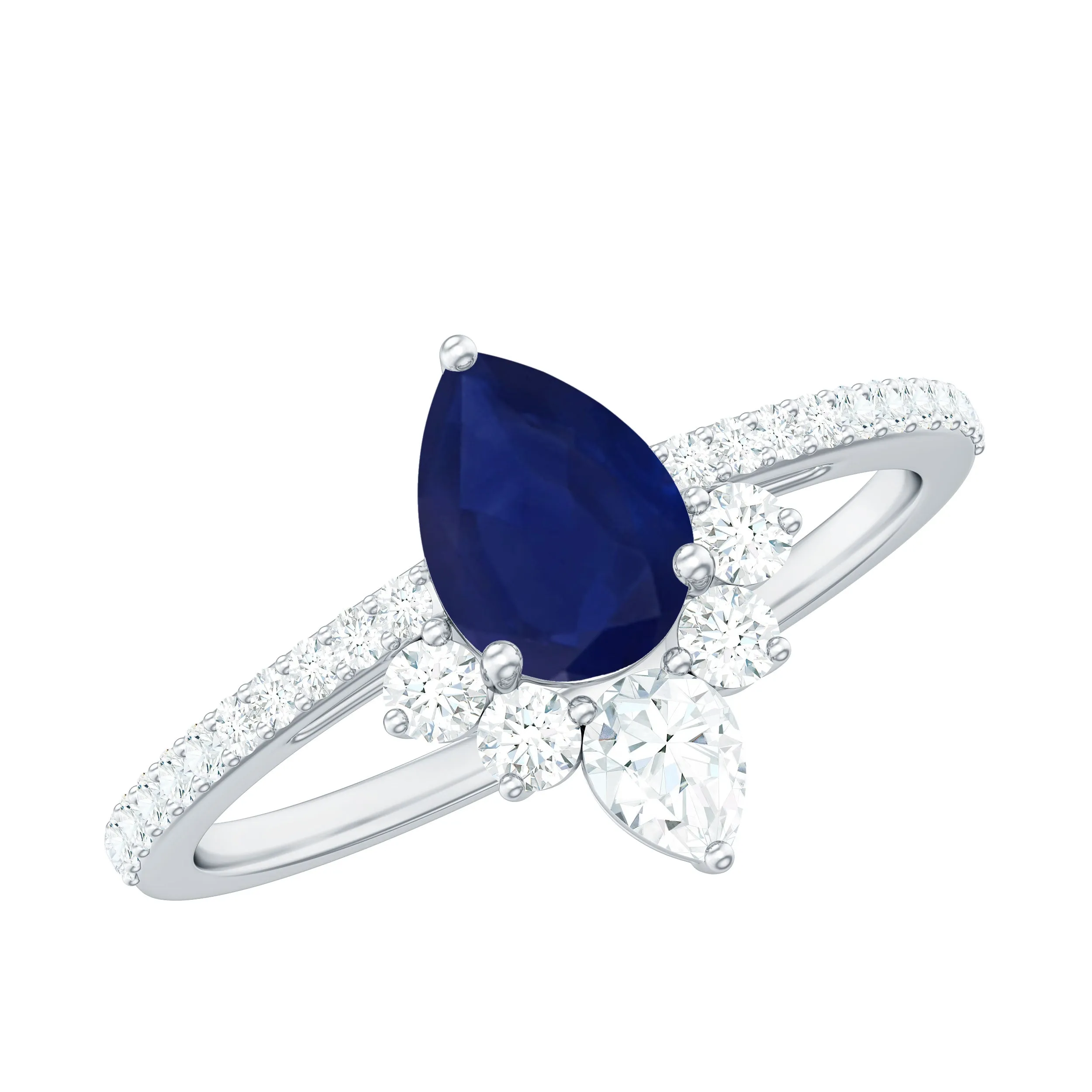 1.5 CT Pear Cut Blue Sapphire Crown Solitaire Ring with Diamond