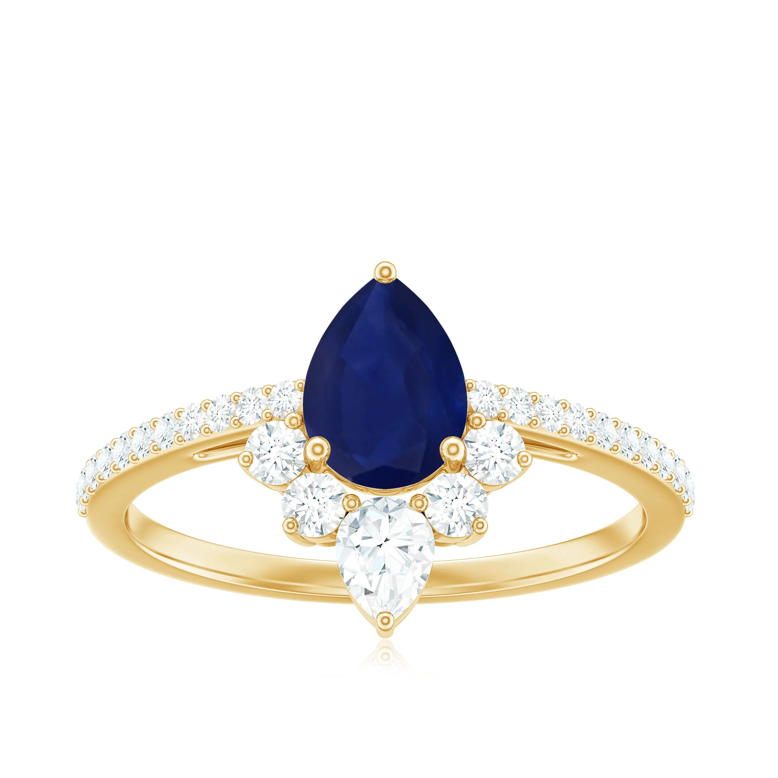 1.5 CT Pear Cut Blue Sapphire Crown Solitaire Ring with Diamond
