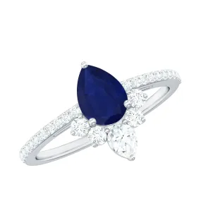 1.5 CT Pear Cut Blue Sapphire Crown Solitaire Ring with Diamond