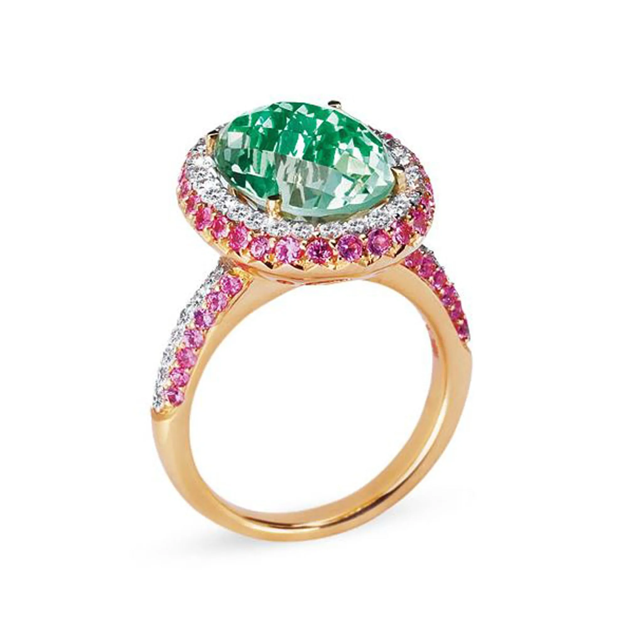 18K Rose Gold Ring With Pink Sapphires Diamonds And Green Amethyst