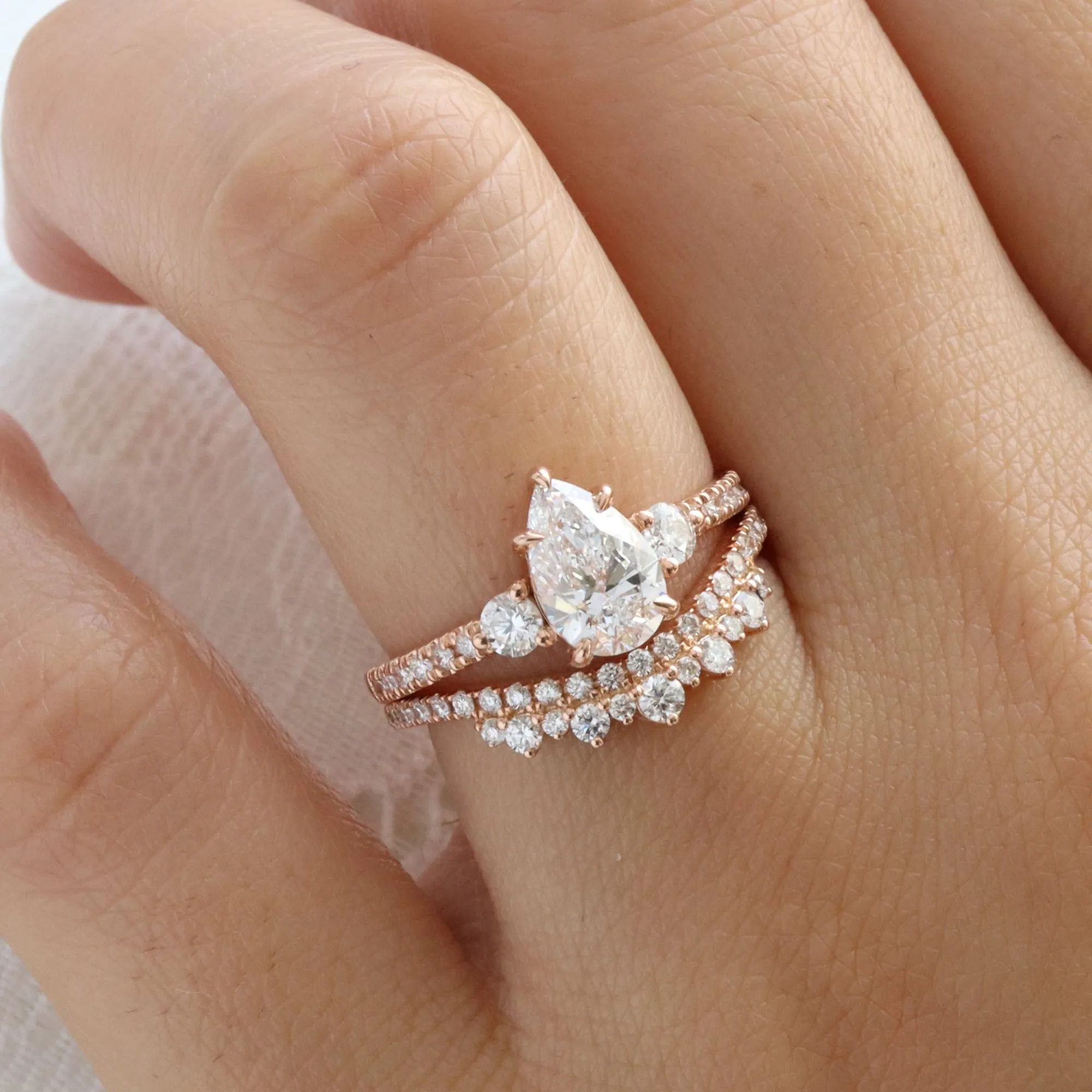 1.96 Ct. Pear Lab Diamond 3 Stone Ring Set w/ Crown Wedding Band in Forever Setting