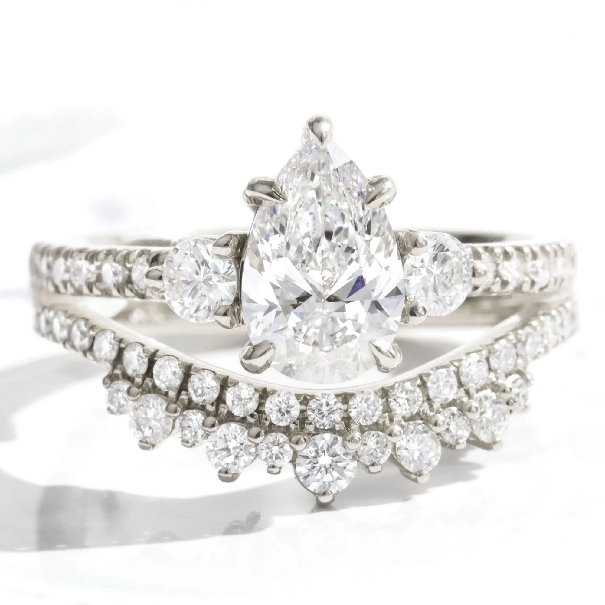 1.96 Ct. Pear Lab Diamond 3 Stone Ring Set w/ Crown Wedding Band in Forever Setting
