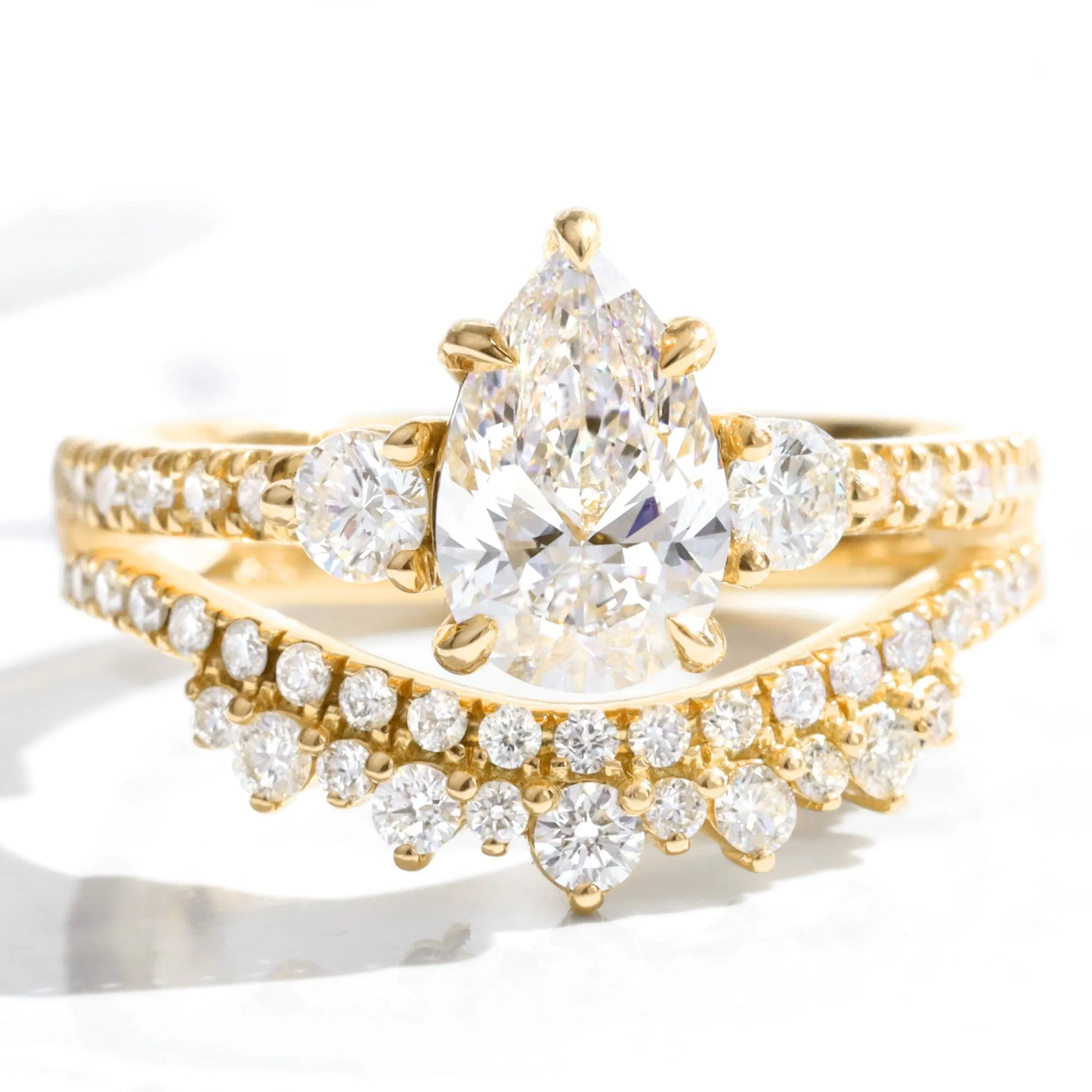 1.96 Ct. Pear Lab Diamond 3 Stone Ring Set w/ Crown Wedding Band in Forever Setting