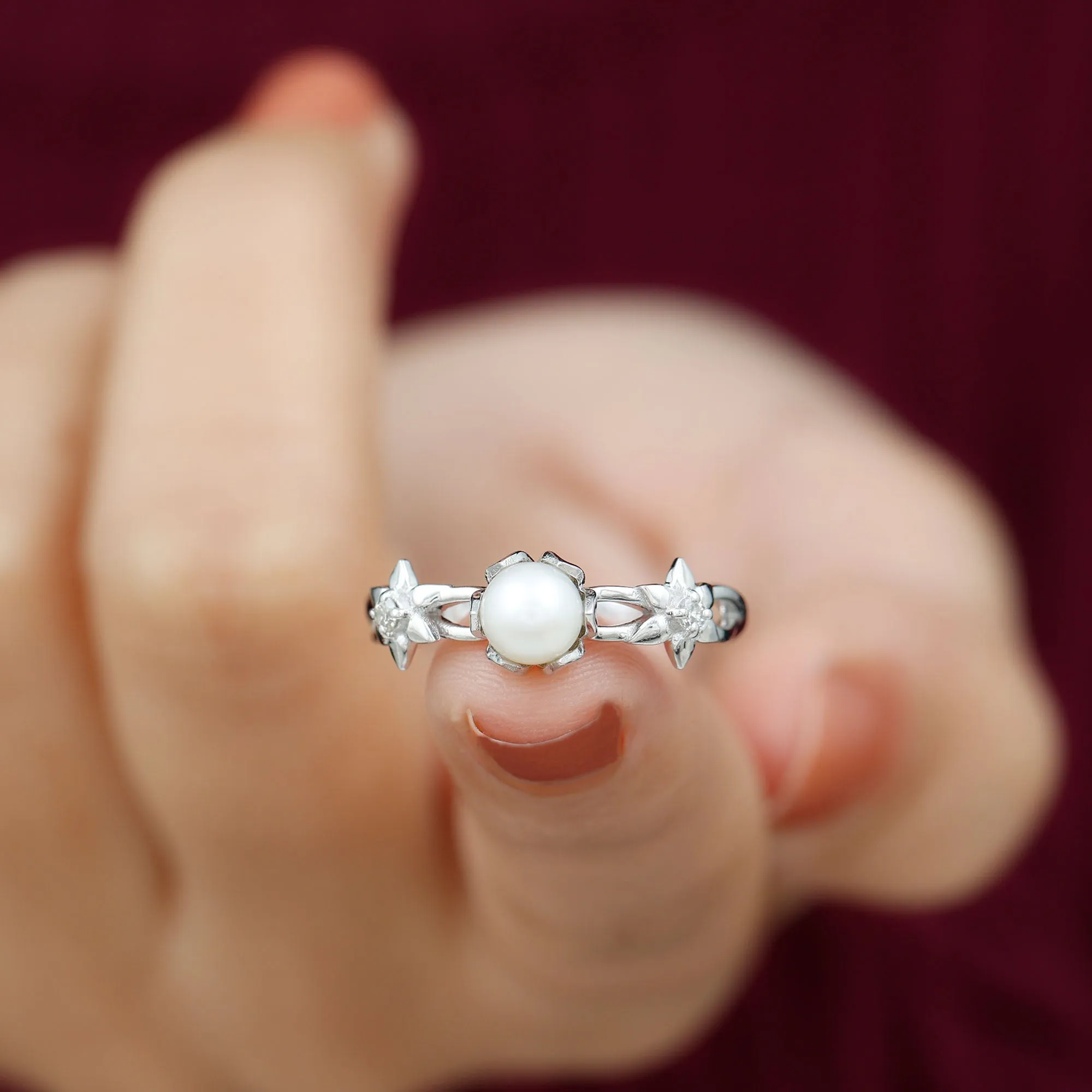 2.25 CT Freshwater Pearl and Diamond Flower Ring in Gold
