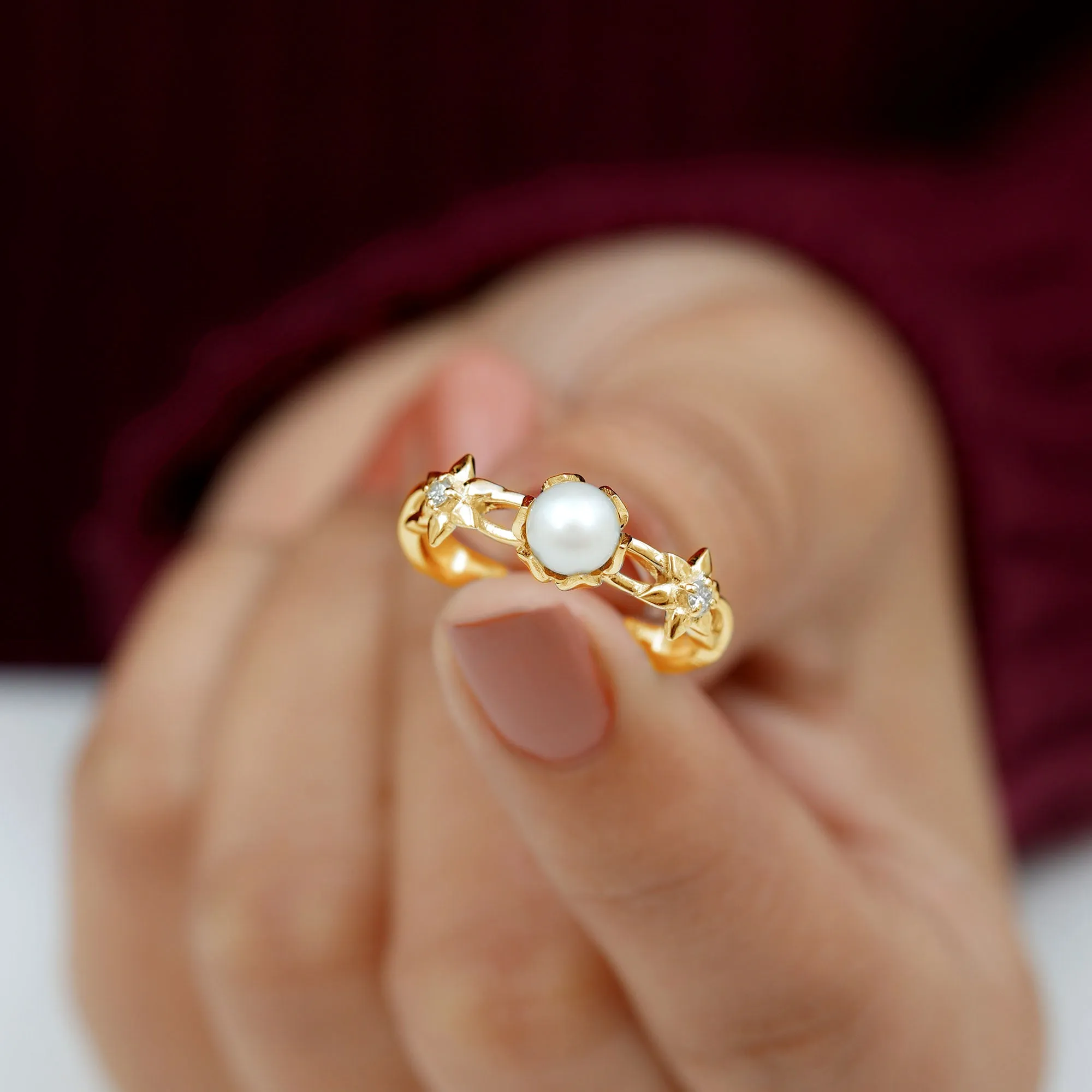 2.25 CT Freshwater Pearl and Diamond Flower Ring in Gold