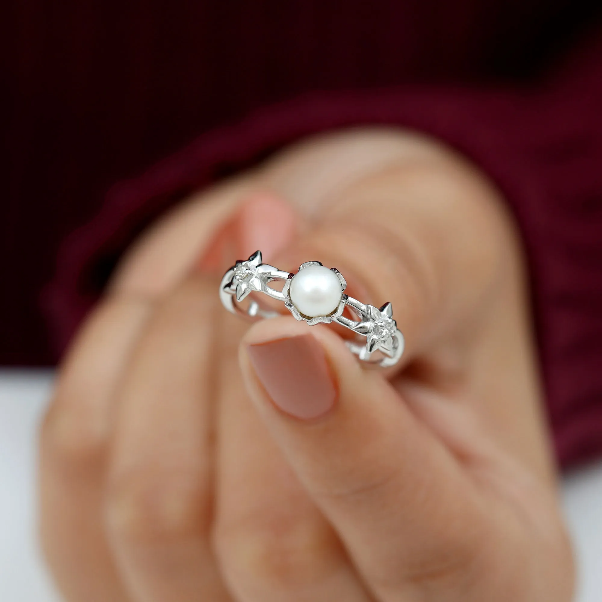 2.25 CT Freshwater Pearl and Diamond Flower Ring in Gold