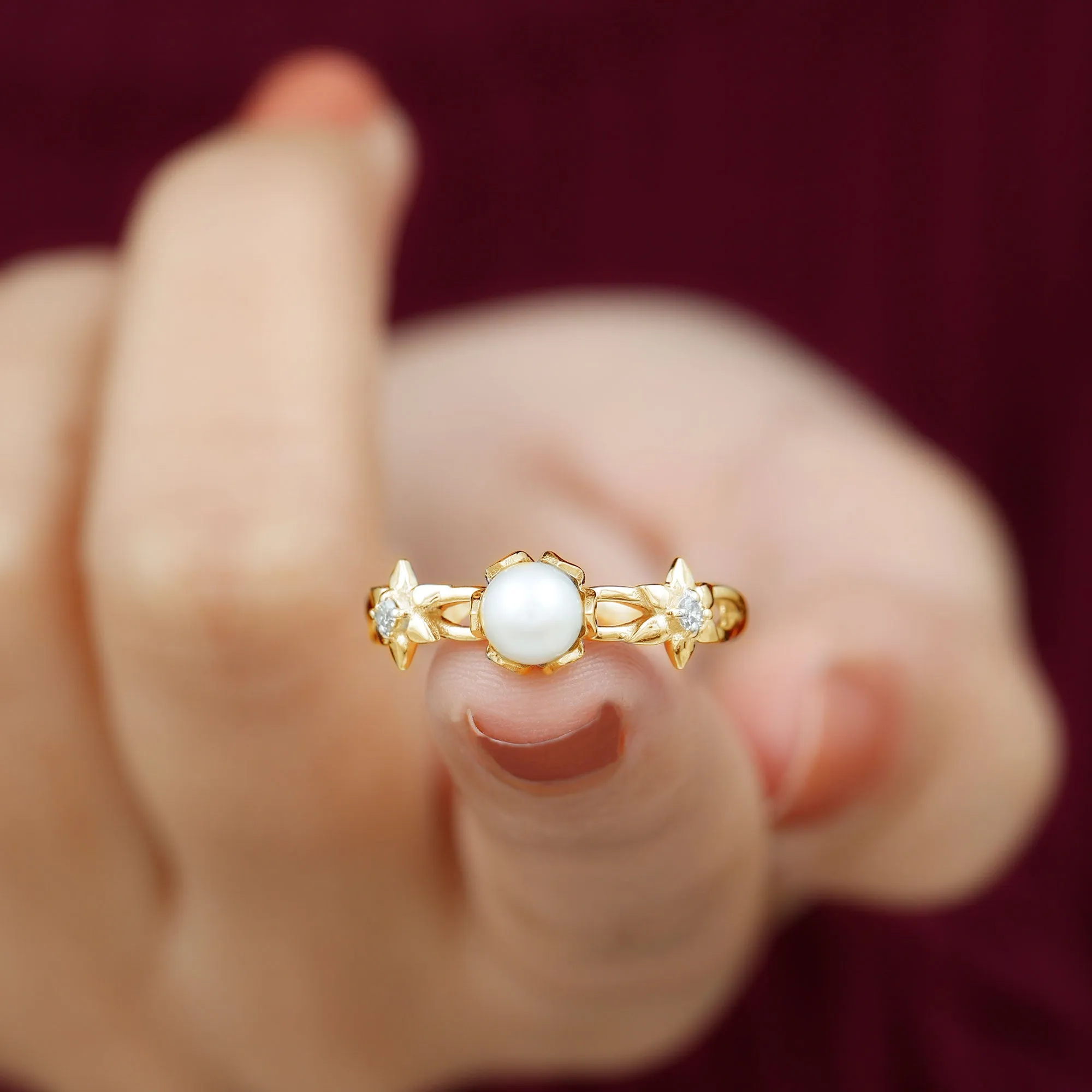 2.25 CT Freshwater Pearl and Diamond Flower Ring in Gold
