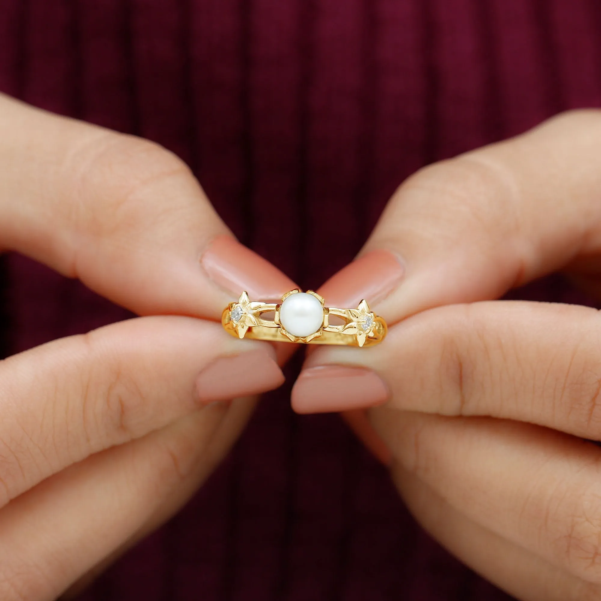 2.25 CT Freshwater Pearl and Diamond Flower Ring in Gold