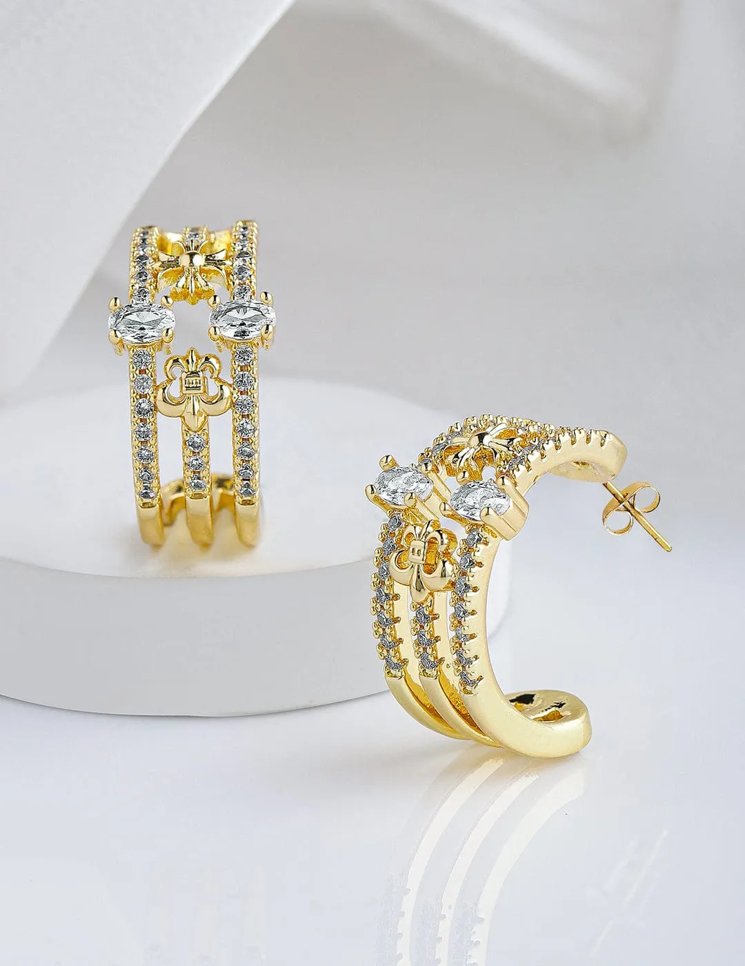 22K Gold Plated Cubic Zirconia Studded Floral Half Hoop Earrings