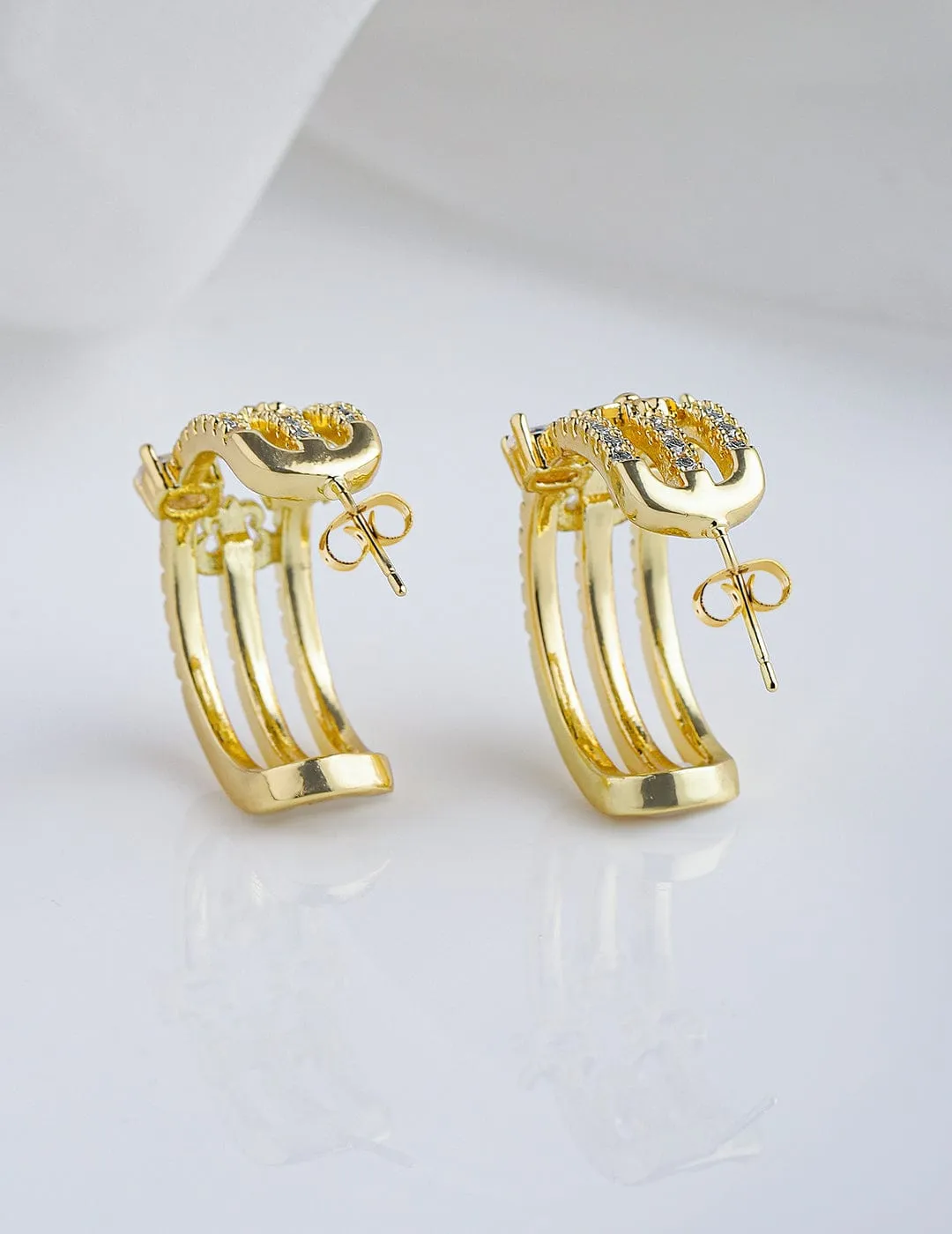 22K Gold Plated Cubic Zirconia Studded Floral Half Hoop Earrings