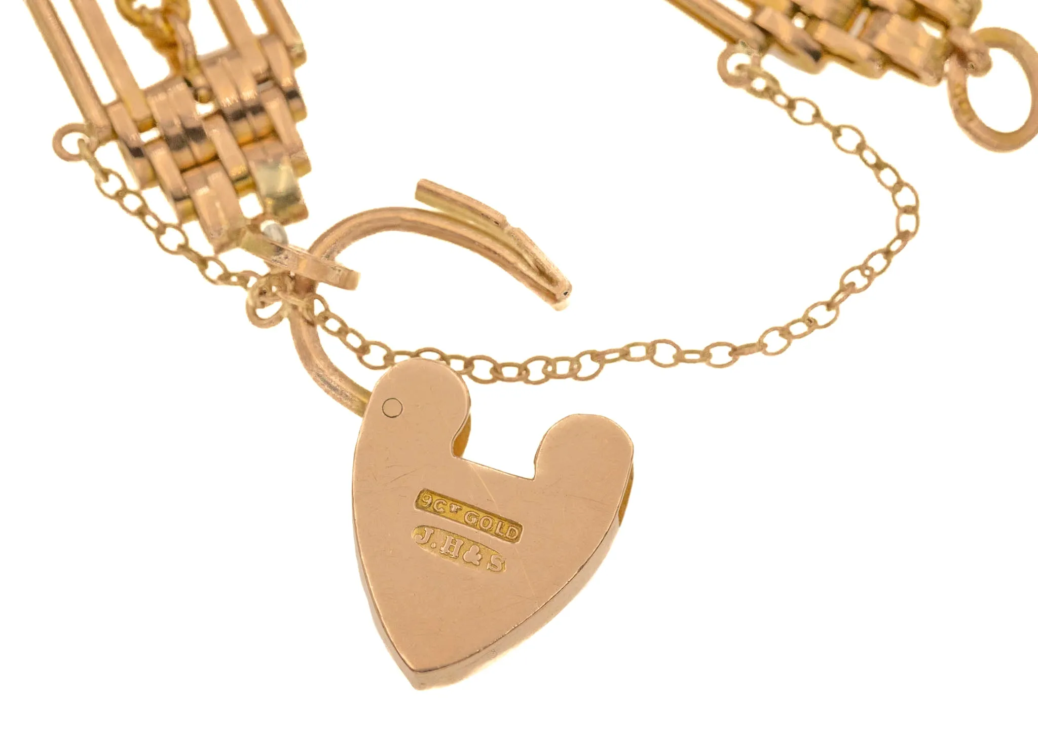 7" Antique 9ct Gold Lover's Knot Gate Bracelet with Heart Padlock, 26.4g