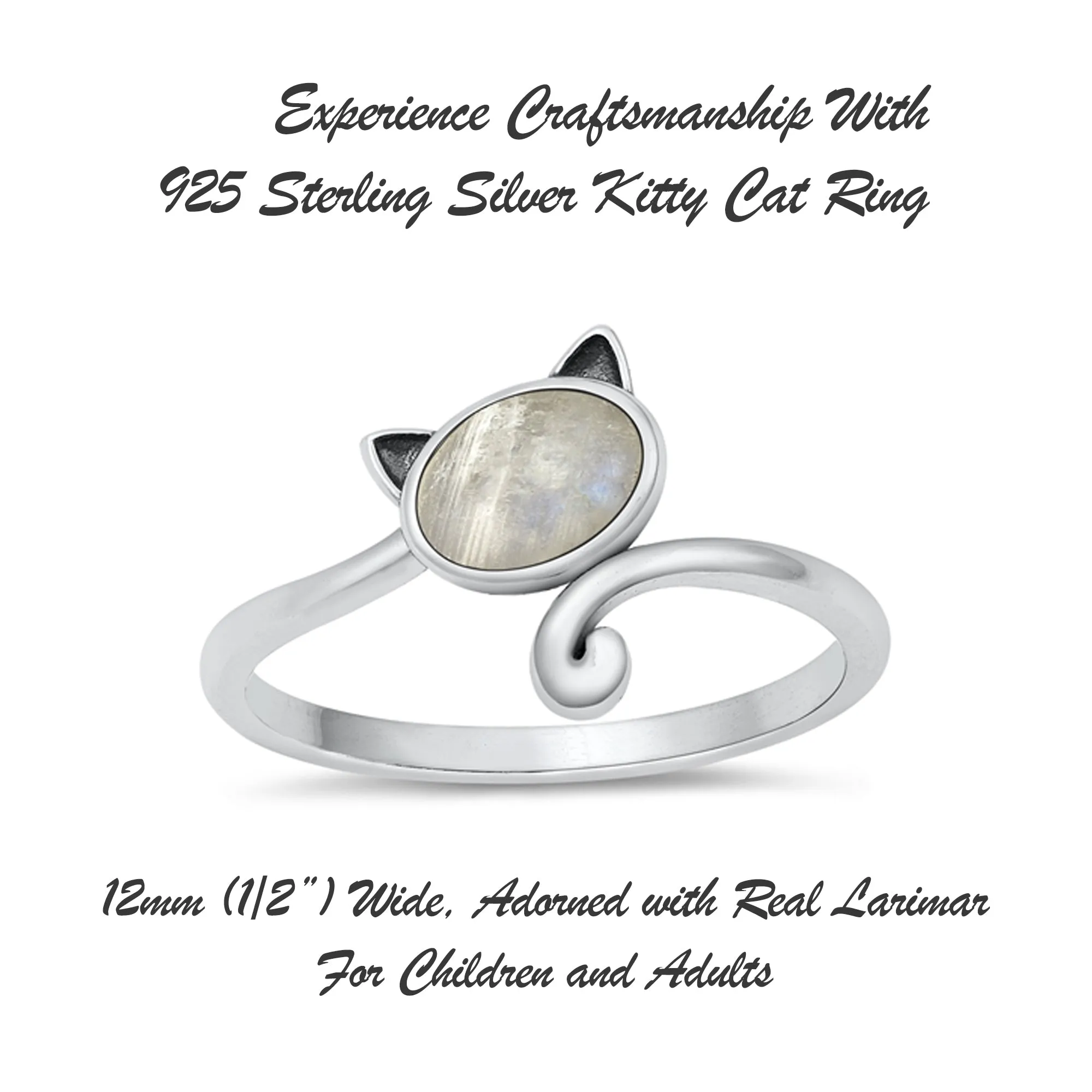 925 Sterling Silver Cat With Genuine Gemstones Ring For Women and Children.  12mm (1/2") Wide Kitty Cat Ring For Pinky, Ring Finger, Middle, Index or Thumb.
