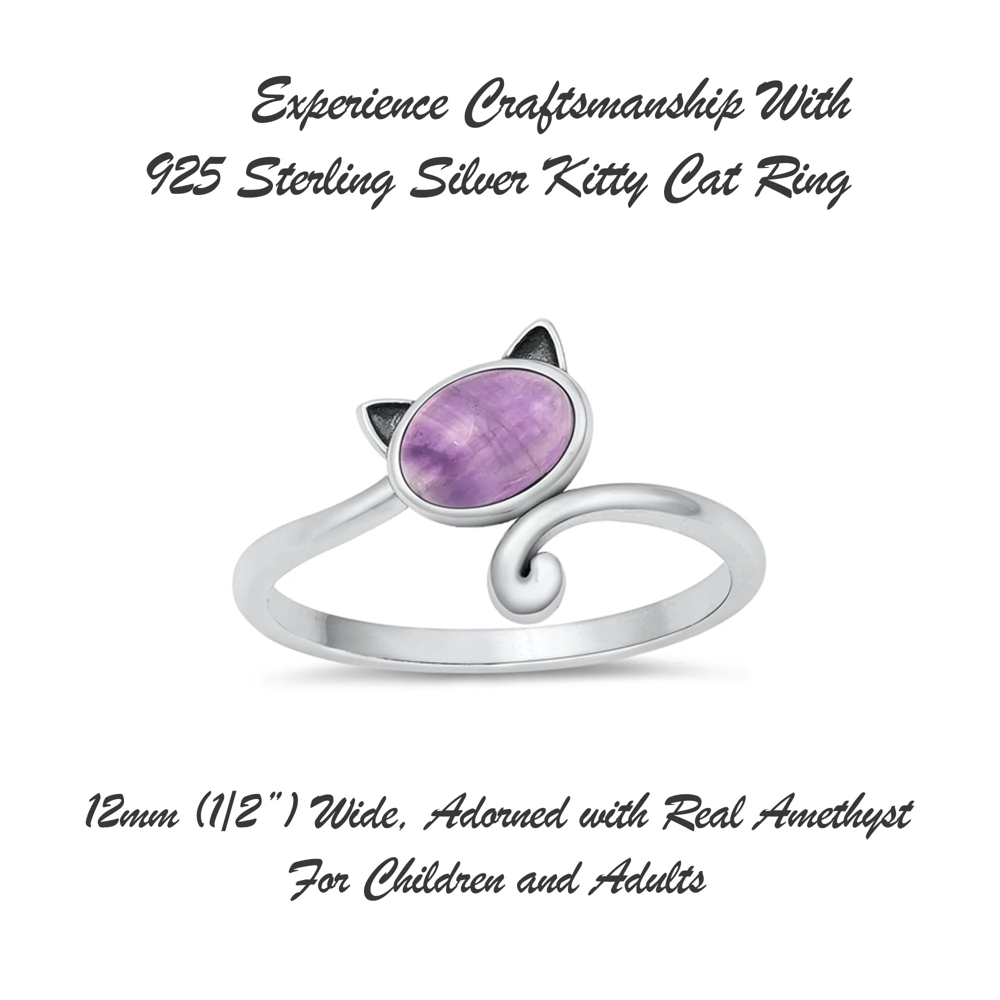 925 Sterling Silver Cat With Genuine Gemstones Ring For Women and Children.  12mm (1/2") Wide Kitty Cat Ring For Pinky, Ring Finger, Middle, Index or Thumb.