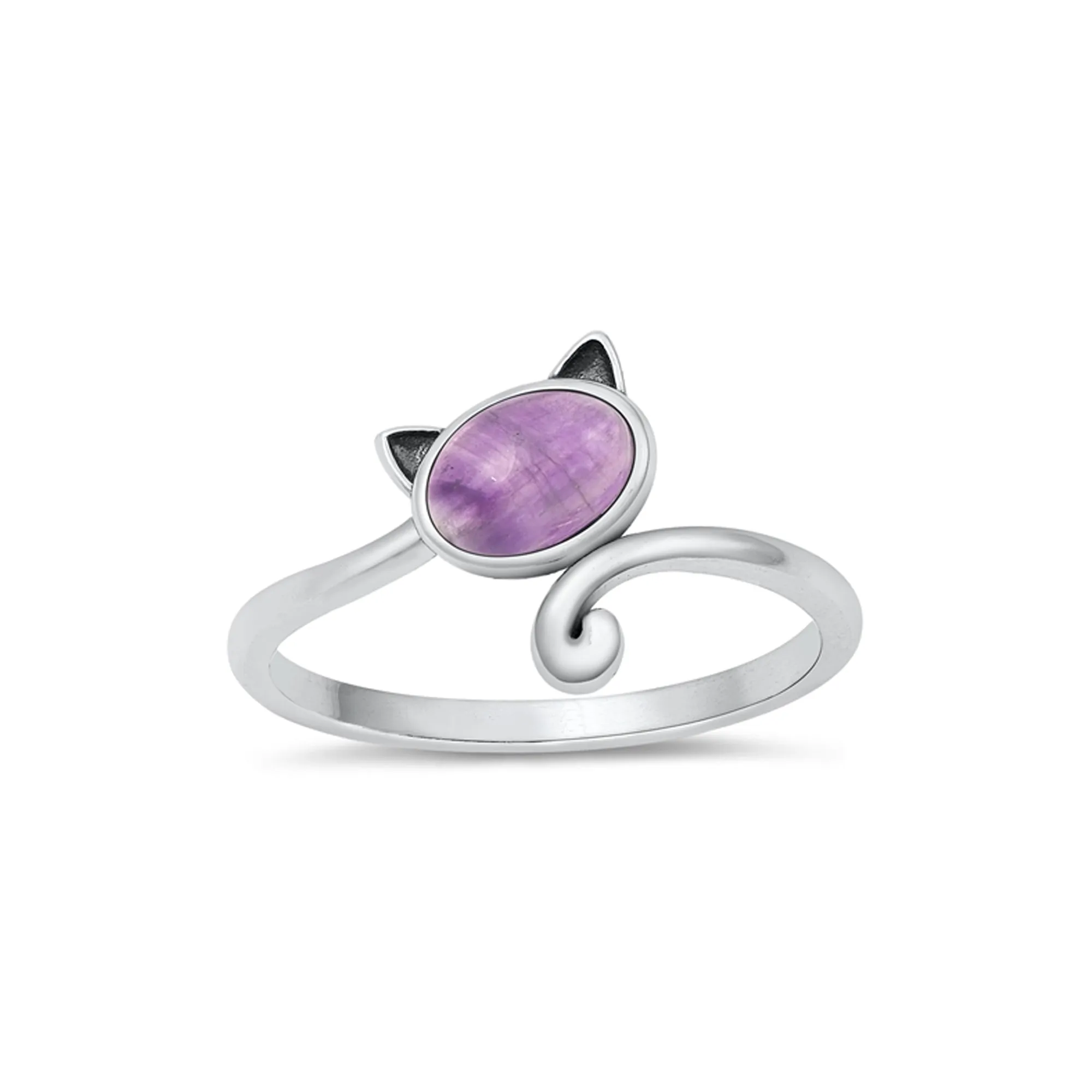 925 Sterling Silver Cat With Genuine Gemstones Ring For Women and Children.  12mm (1/2") Wide Kitty Cat Ring For Pinky, Ring Finger, Middle, Index or Thumb.