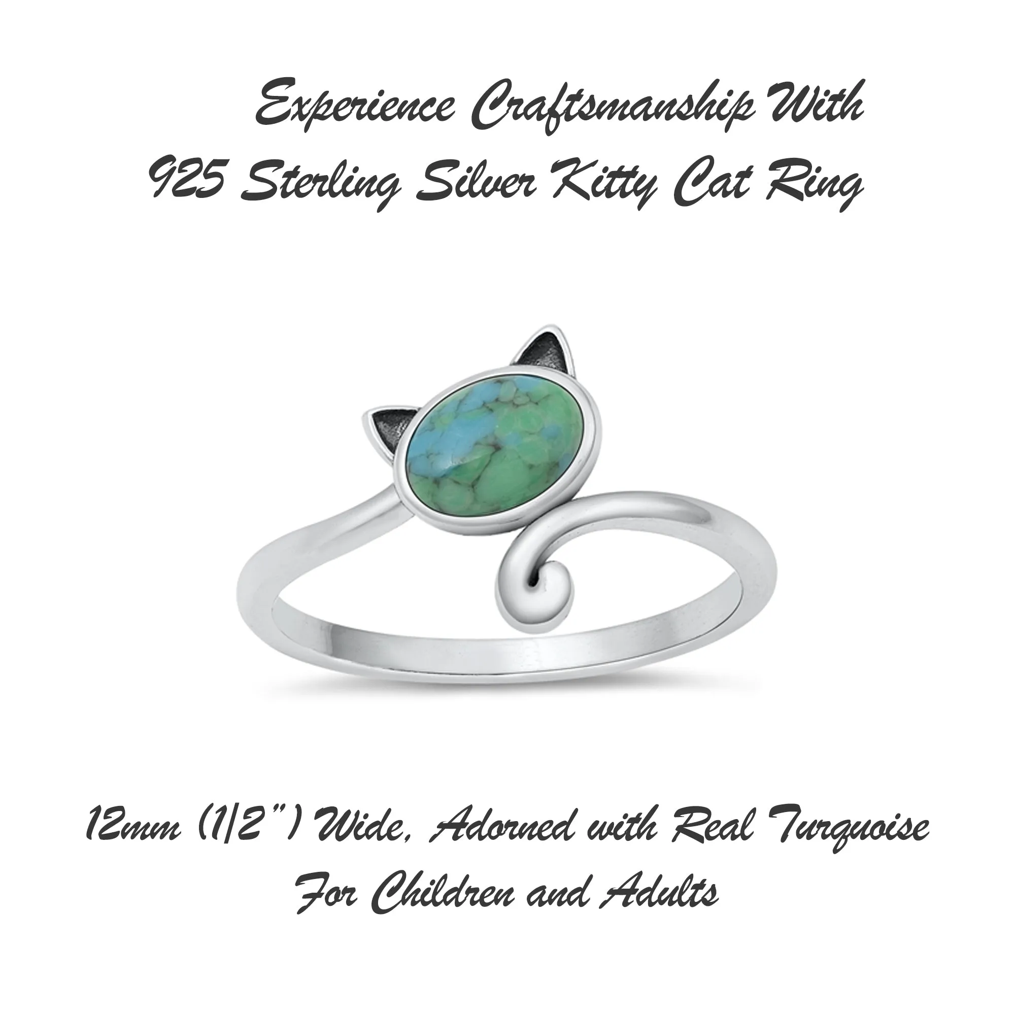 925 Sterling Silver Cat With Genuine Gemstones Ring For Women and Children.  12mm (1/2") Wide Kitty Cat Ring For Pinky, Ring Finger, Middle, Index or Thumb.