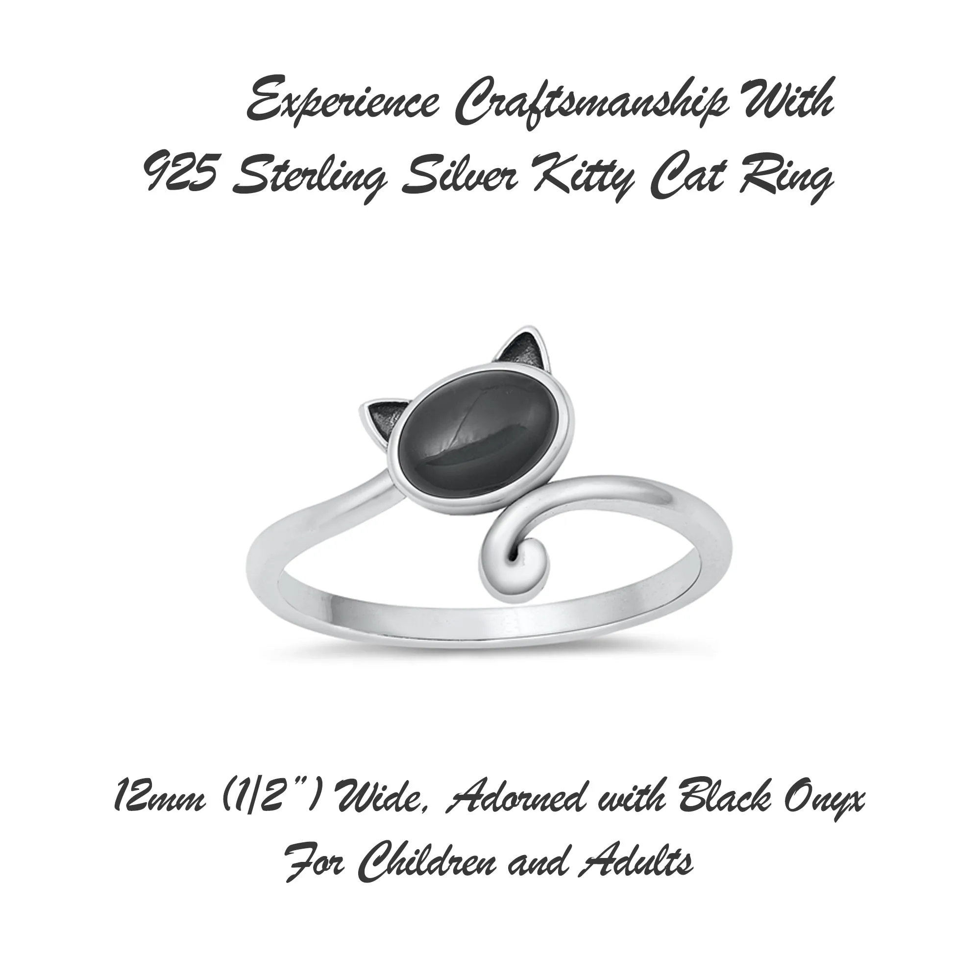 925 Sterling Silver Cat With Genuine Gemstones Ring For Women and Children.  12mm (1/2") Wide Kitty Cat Ring For Pinky, Ring Finger, Middle, Index or Thumb.