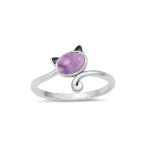 925 Sterling Silver Cat With Genuine Gemstones Ring For Women and Children.  12mm (1/2") Wide Kitty Cat Ring For Pinky, Ring Finger, Middle, Index or Thumb.