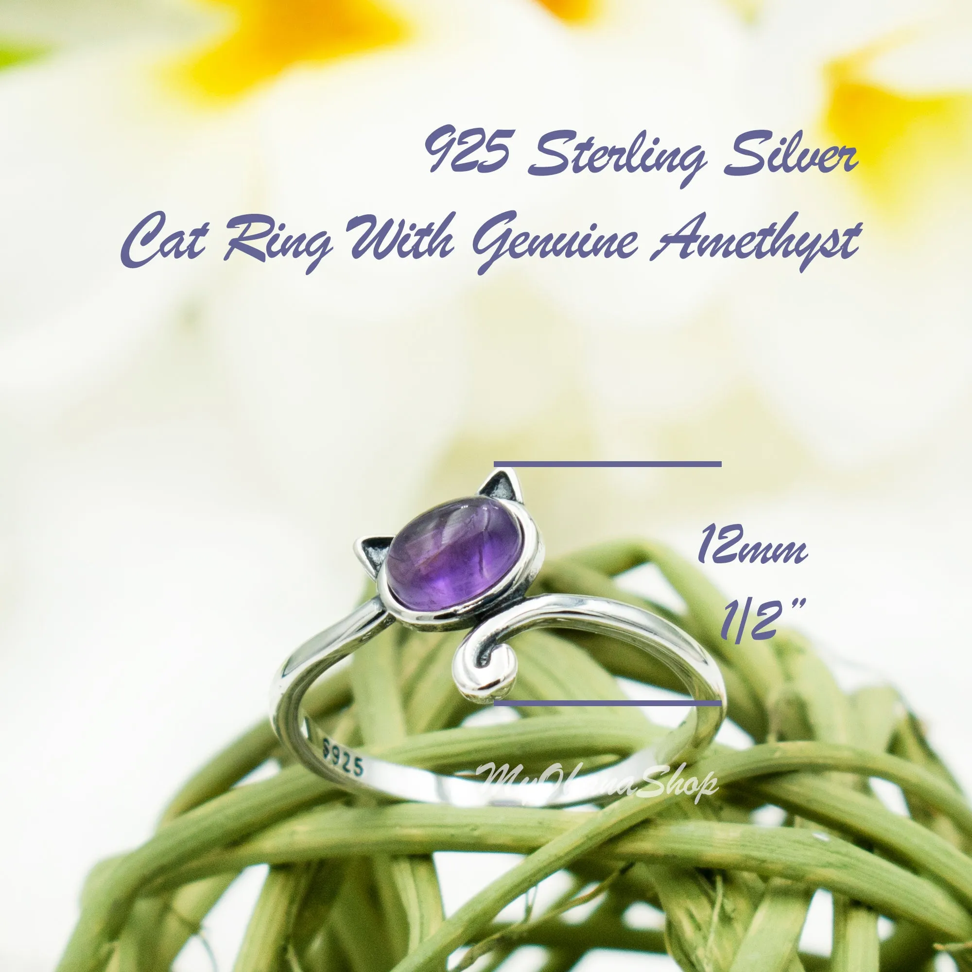 925 Sterling Silver Cat With Genuine Gemstones Ring For Women and Children.  12mm (1/2") Wide Kitty Cat Ring For Pinky, Ring Finger, Middle, Index or Thumb.